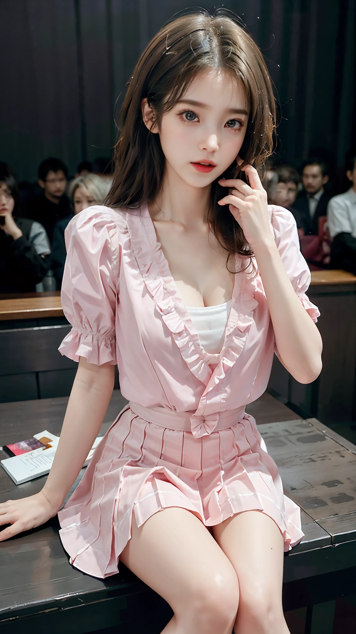 pleated skirt,pink skirt,pink sailor collar,  iu1, (knee shot), (Slim body, long legs, sexy legs), (original photo, Bestquality), (realistic, photo of-realistic:1.3 pcs), Bestquality, Extremely Detailed, a masterpiece、, Hyper-Detailed, illustration、, 1 a girl, (huge ，cleavage), dynamic angle, world mastery theater, cluttered_long_hair,Bestquality, extremely detailed CG unity 8k壁纸，ink，astonishing，movie lights，Lens_flare