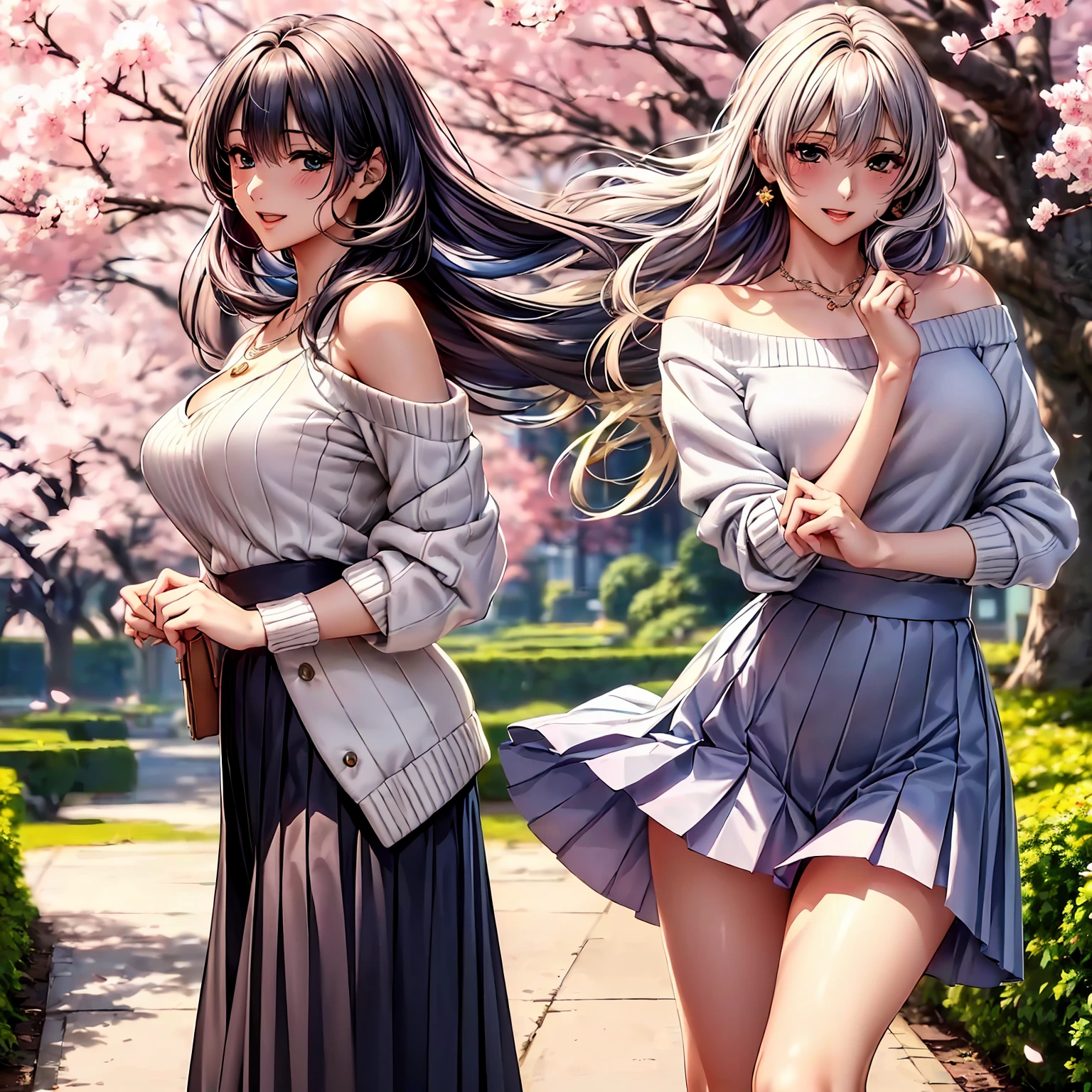 (((highest quality,masterpiece,very high resolution,Super high quality,perfect pixel))), (((Exquisite beauty:1 person,perfect body,Beautiful face is detailed, blush、cute face、beautiful outline、smile, open your mouth))),((long hair, neat bangs, beautiful hair texture)),((Beautiful slit eyes,beautiful eyes,strong-willed eyes, beautiful eyelashes, realistic eyes)), ((beautiful breasts,beautiful feet)),((sweater:color and pattern,pleated skirt:pattern and color, 1 diamond necklace,Clothing that exposes the shoulders,Clothing that exposes the thighs,Excellent fashion sense)),(realistic skin texture,realistic texture:,RAW photo,Anime CG style, Bright colors), (standing posture,dynamic angle,dynamic pose, model shoot), (garden,Cherry blossom tree-lined path, Cherry tree, Cherry blossoms fall,the wind is blowing),beautiful anime woman, beautiful art style, anime character、Overall image、detailed images、accurate anatomy、Image without defects、natural soft light、beautiful images、非常にdetailed images、(Best Shot 1.5)