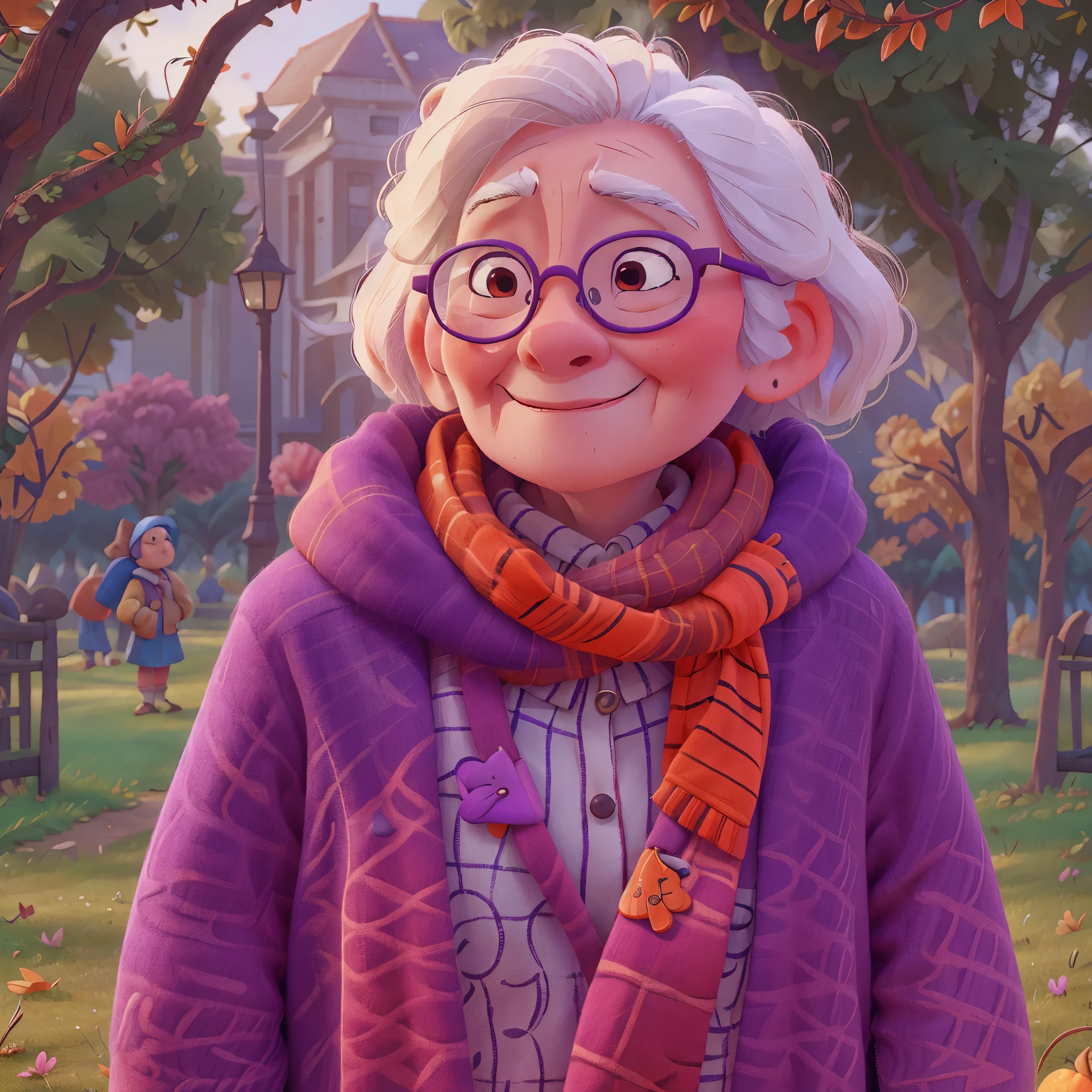 one，Asian old woman，white hair，wear glasses，Wearing an orange scarf，Wearing a purple coat，Stand in the park，Pixar style, best quality, stills, 