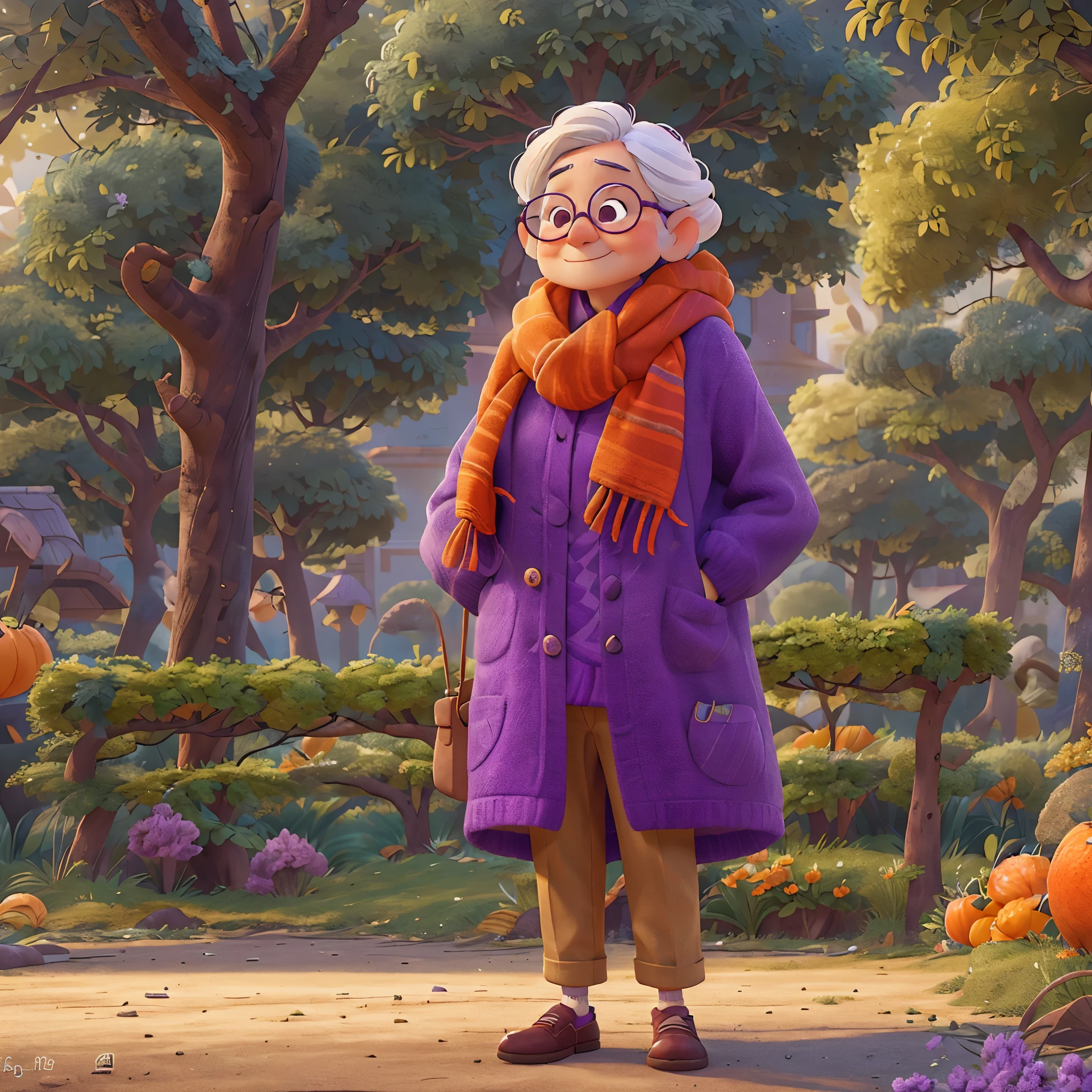 one,Asian old woman,white hair,wear glasses,Wearing an orange scarf,Wearing a purple coat,Stand in the park,Pixar style, best quality, stills,