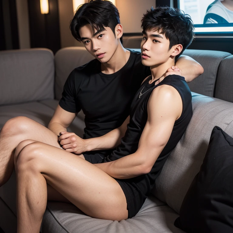 A handsome Thai male teen wearing red underwear is sitting on the lap of another teen wearing black underwear., long distance, fullbody image fking_cinema_v2
