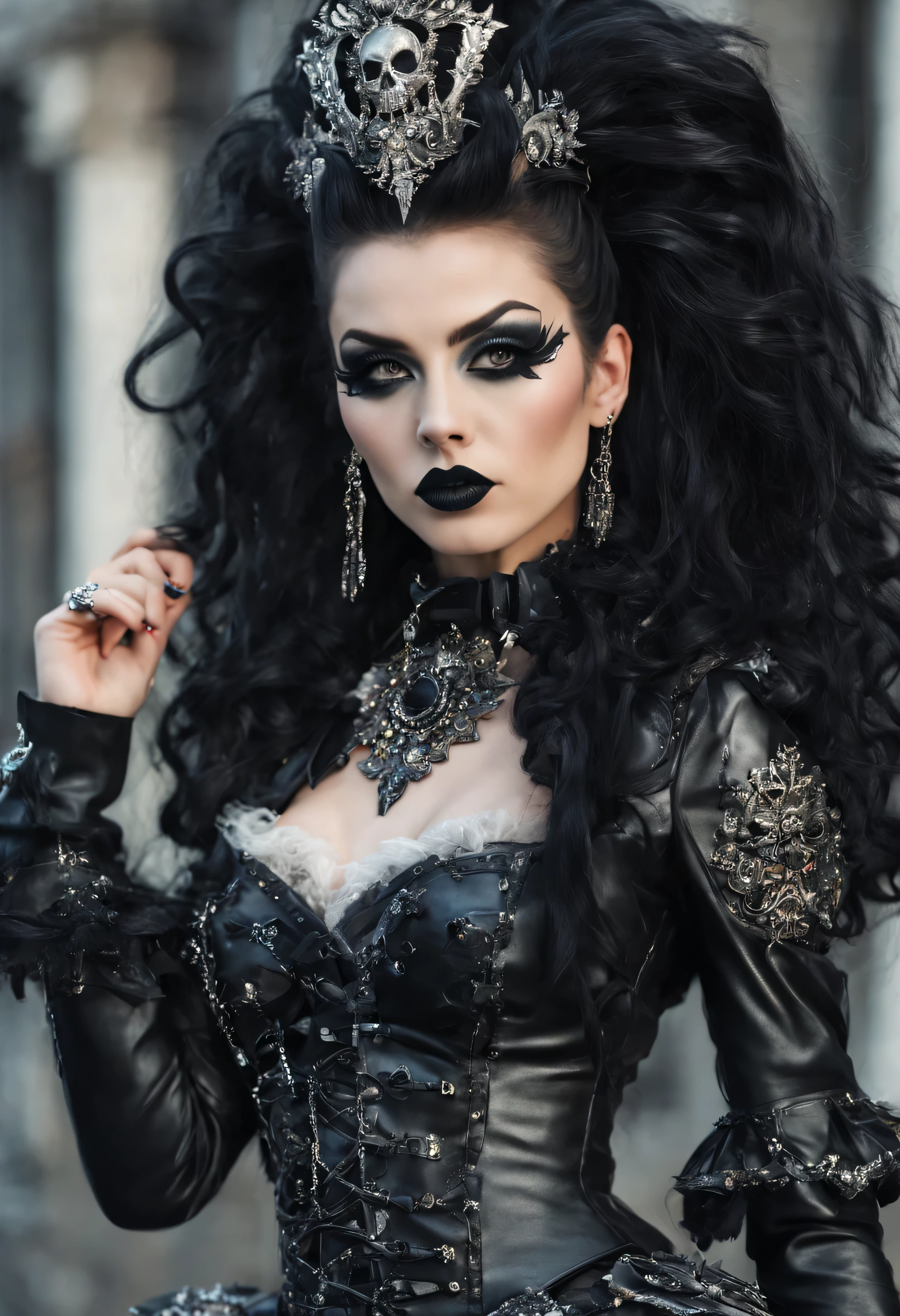 full body Woman in rococo punk costume wearing rococo punk outfit, black long hair, black eyes, black lipstick lips,g rococo punk fantasy style, (rock punk), rock punk beautiful goddess, rock punk girl, rock punk inventor girl, metal rock punk, Set in a rock punk world, dark rock punk concept