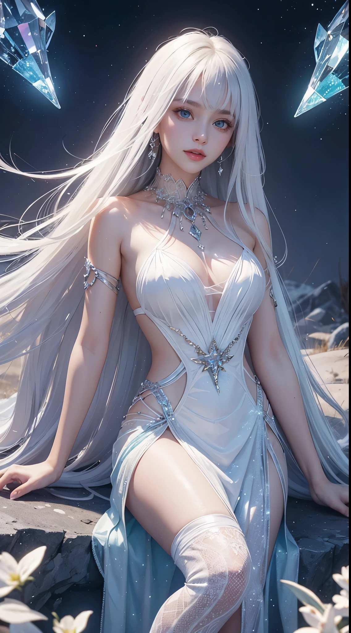 "Let our AI platform take you on a journey through a stunning portrait that will leave you in awe. Imagine a bright and beautiful face, with youthful and shiny white skin that seems to shine from within. Her hair is a sight to behold, with super long and silky straight hairs smoother than anything you've ever seen. And the cherry on top? The beautiful bangs shine like glowing crystals, Add a touch of magic to the overall image. With our wide range of designs and variations, You will be amazed at the endless possibilities."