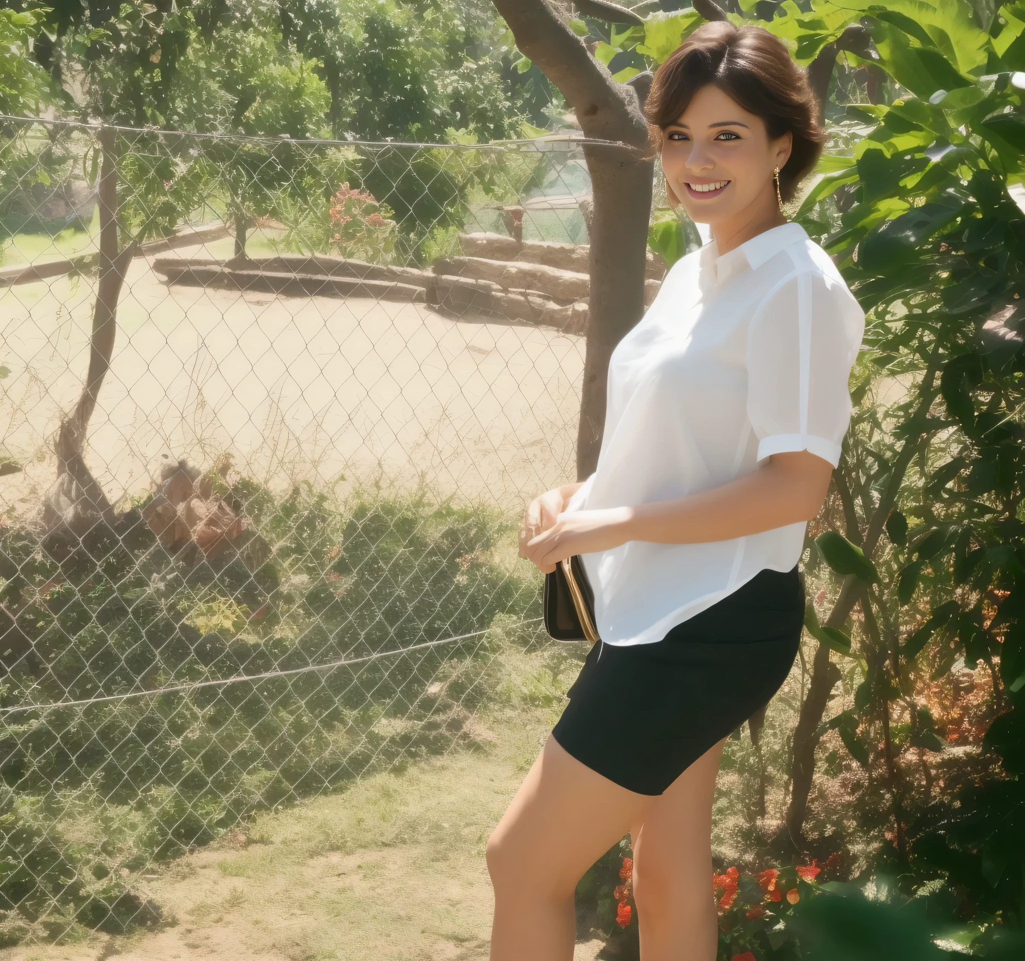 Here is a woman standing, vestindo shorts escuros e blusa branca. In the background a zoo, a peacock in the background. Mulher brasileira na casa dos 30 anos, pernas grossas, lindas pernas, legs visible, pernas elegantes, pernas cheias, Imagem de corpo inteiro, pernas suculentas. Ela tem 162 cm de altura e seu corpo pesa 56 kg. Your body exudes glamor and your face is the definition of beauty. pernas bem torneadas. Altamente realista, beautiful lips, sorriso, feeling of lightness and joy, hiperrealismo, pele muito elaborada, olhar direto, obra de arte, alta qualidade, grande clareza, high resolution, 8k.