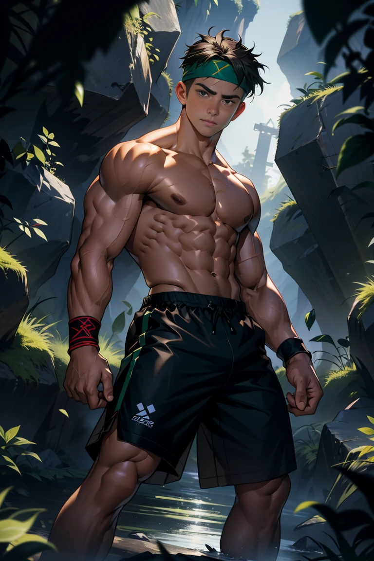 (Masterpiece, Best quality, 18 year old boy, 8k, ultra-detailed), (looking away, worm eyes, thin lips), 1 boy, solo, Young, (teenager), (Dark Short straight hair, under cut), black eyes, (Shirtless), (Green headband), (sandals), (Black shorts, loincloth), (Depth of field:1.2), (Abs), (chest), (upper arms), (black wristband), man with martial arts stance, athretic body, (inside dark caves, foggy, night), boxing pose
