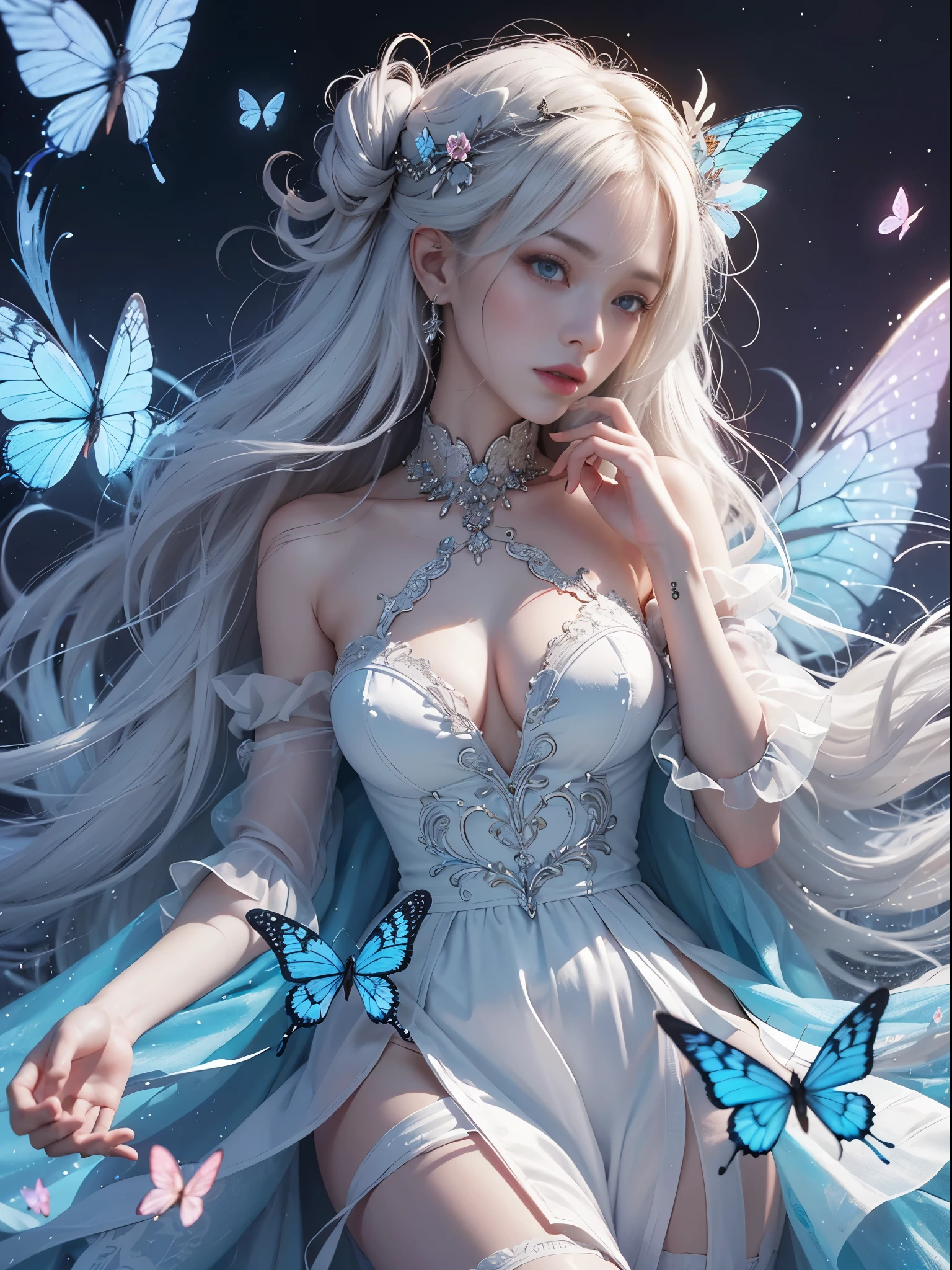White hair , (((White luminous dress , White giant dress , Dress glitter , dress ))) ,Beautiful dance dynamics , Long legs , small thighs((Huge long white hair,Glowing coat , Long flowing hair))offcial art , Unity8k wallpaper , Ultra detailed , Beautiful and beautiful , Masterpiece , Best quality ,Realistic((Huge long white hair,Glowing coat , ))Masterpiece , Best quality , Ultra-detailed , very detailed illustration ,Extremely detailed , Intricate details , .White luminous dress , White giant dress , Dress sequins , Dress made of aurora , ultra intricately detailed , Very detailed 8KCG wallpaper , Cowboy shot , Caustics .Reflection , Ray tracing , Demon Theme ,Starcloud ,Dark aura, cyber effect , (1girll:1.4)Solo , Little blue butterfly , Surrounded by dozens of monarch butterflies , Huge long white hair shiny quilt hair , (Blue plasma flame , (insect , Butterflies))Long blue crystal dress , There are butterflies on the huge skirt , .Holy Light Butterfly Angel , Butterfly wings , in the style of rococo pastel hues ,Light white and light dark red , unbelievable beautiful , Cherry blossoms , sparkling water reflections , Soyuz , Flowing , Surreal ,Painting , Ethereal , Elsa Bleda , stockphoto, Mixed reality and fantasy elements ,vray tracing , Intricate patterns , delicated lines , made of crystals , Refine your hands ,Refine your hands , Refine your hands, Starry , Colorful , stars , (sharp focus on face) , (foreshortening:1.1 Omitted_above:0.3 , fish eye:1.1)
