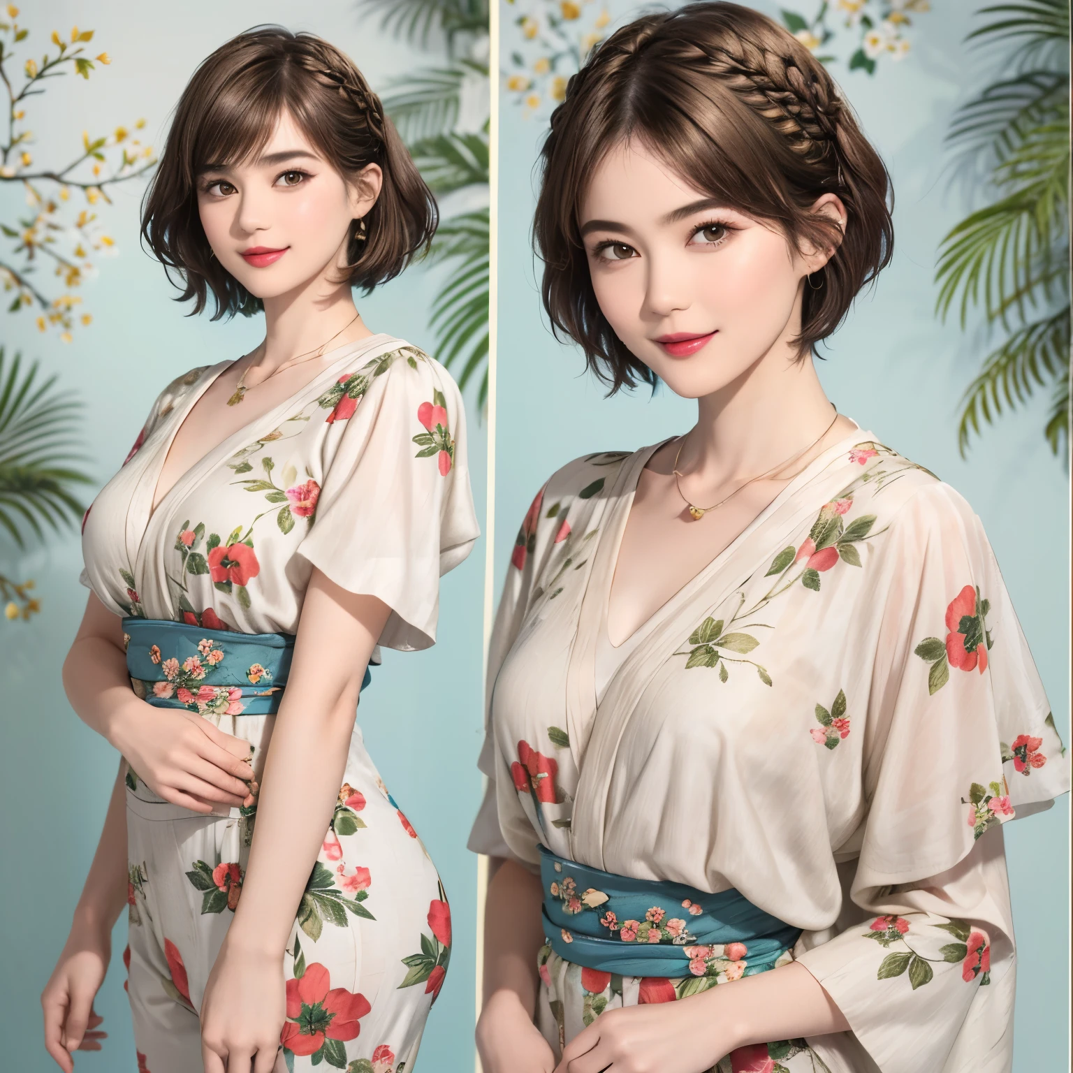 149
(20 year old woman,floral print outfit,pants), (Super realistic), (high resolution), ((beautiful hairstyle 46)), ((short hair:1.46)), (gentle smile), (brest:1.1), (lipstick)