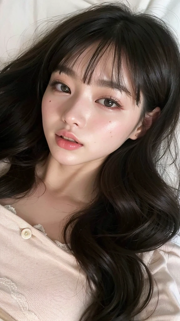 a close-up of a woman lying on a bed with a white sheet, ulzzang, joven y adorable rostro coreano, maquillaje popular de corea del sur, maquillaje coreano popular, rasgos de la cara coreana, Young cute pale asian face, hermoso rostro estetico, muchacha coreana, pale korean adorable face, preciosa cara delicada, hermosa cara de chicas japonesas, sakimichan, Jinyoung Shin, cara linda y clara