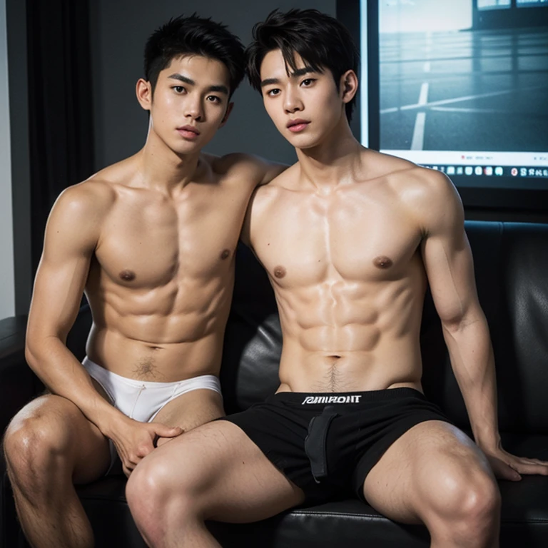 A handsome Thai male teen wearing no shirt red underwear is sitting on the lap of another teen wearing black underwear., long distance, fullbody image fking_cinema_v2