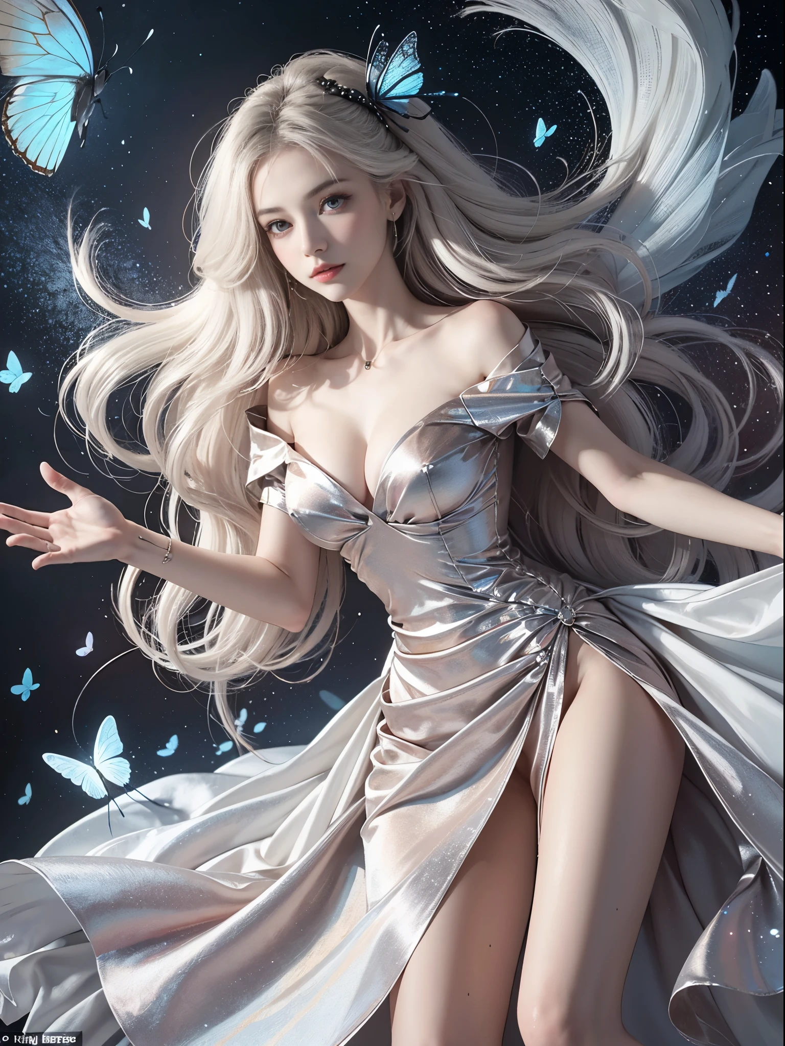 short sleeves,off shoulder, dress, White hair , (((White luminous dress , White giant dress , Dress glitter , dress ))) ,Beautiful dance dynamics , Long legs , small thighs((Huge long white hair,Glowing coat , Long flowing hair))offcial art , Unity8k wallpaper , Ultra detailed , Beautiful and beautiful , Masterpiece , Best quality ,Realistic((Huge long white hair,Glowing coat , ))Masterpiece , Best quality , Ultra-detailed , very detailed illustration ,Extremely detailed , Intricate details , .White luminous dress , White giant dress , Dress sequins , Dress made of aurora , ultra intricately detailed , Very detailed 8KCG wallpaper , Cowboy shot , Caustics .Reflection , Ray tracing , Demon Theme ,Starcloud ,Dark aura, cyber effect , (1girll:1.4)Solo , Little blue butterfly , Surrounded by dozens of monarch butterflies , Huge long white hair shiny quilt hair , (Blue plasma flame , (insect , Butterflies))Long blue crystal dress , There are butterflies on the huge skirt , .Holy Light Butterfly Angel , Butterfly wings , in the style of rococo pastel hues ,Light white and light dark red , unbelievable beautiful , Cherry blossoms , sparkling water reflections , Soyuz , Flowing , Surreal ,Painting , Ethereal , Elsa Bleda , stockphoto, Mixed reality and fantasy elements ,vray tracing , Intricate patterns , delicated lines , made of crystals , Refine your hands ,Refine your hands , Refine your hands, Starry , Colorful , stars , (sharp focus on face) , (foreshortening:1.1 Omitted_above:0.3 , fish eye:1.1)