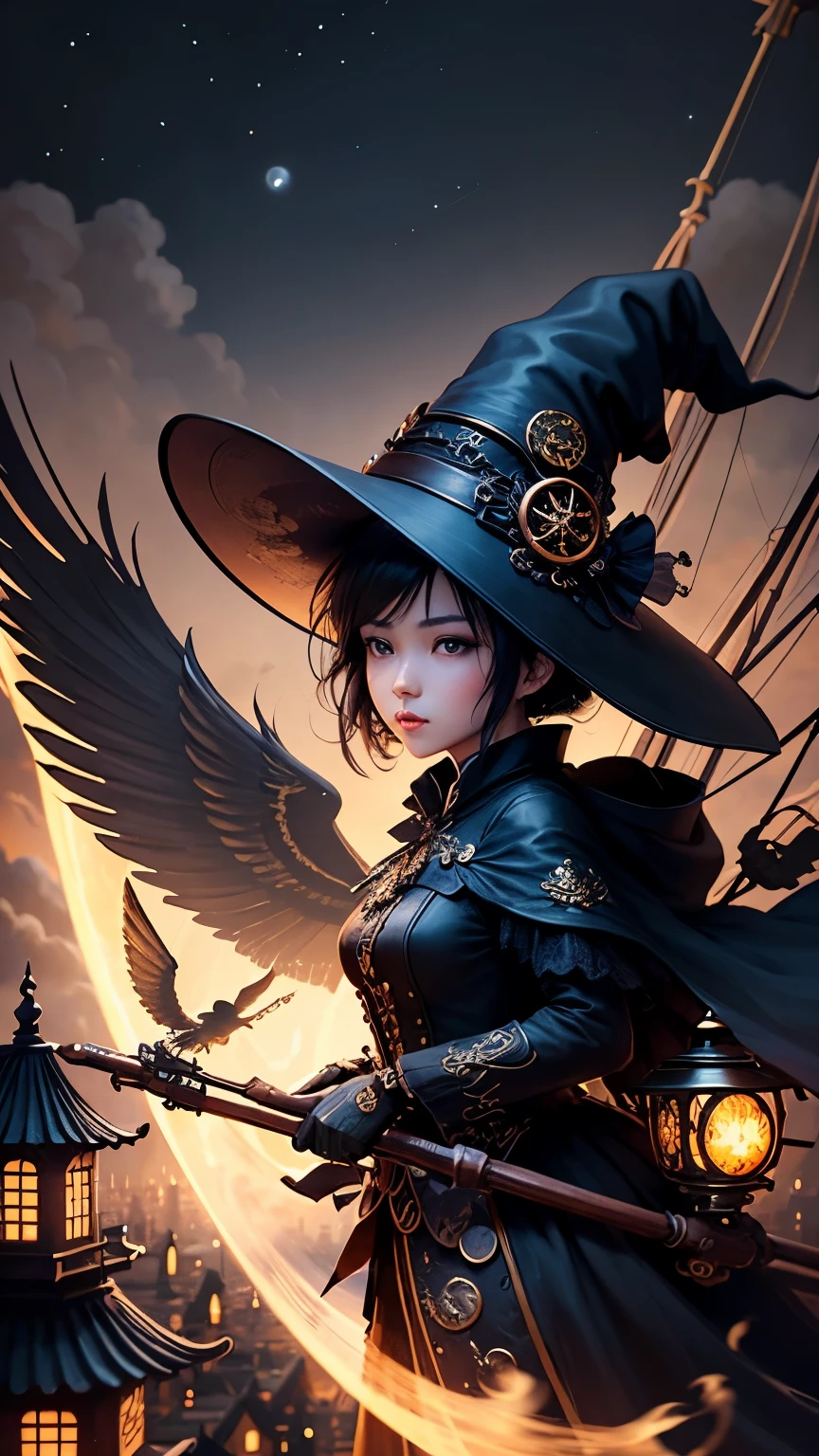 highest quality。masterpiece。detailed details。one woman。witch in steampunk style。fly on a broomstick。silhouette。flying over the city。The background is a dark night sky and a huge moon。