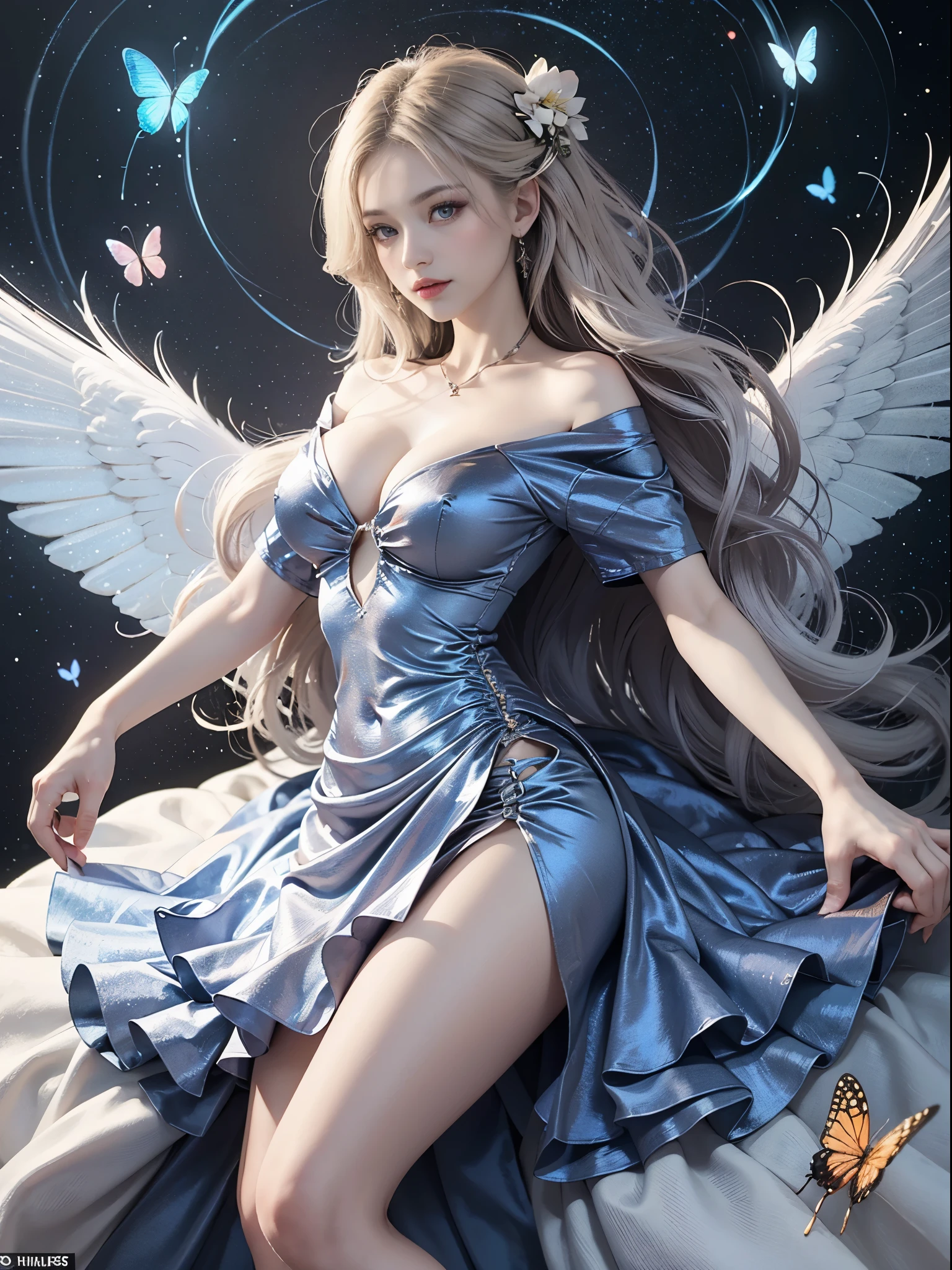 short sleeves,off shoulder, dress, White hair , (((White luminous dress , White giant dress , Dress glitter , dress ))) ,Beautiful dance dynamics , Long legs , small thighs((Huge long white hair，Glowing coat , Long flowing hair))offcial art , Unity8k wallpaper , Ultra detailed , Beautiful and beautiful , Masterpiece , Best quality ,Realistic((Huge long white hair，Glowing coat , ))Masterpiece , Best quality , Ultra-detailed , very detailed illustration ,Extremely detailed , Intricate details , .White luminous dress , White giant dress , Dress sequins , Dress made of aurora , ultra intricately detailed , Very detailed 8KCG wallpaper , Cowboy shot , Caustics .Reflection , Ray tracing , Demon Theme ,Starcloud ,Dark aura, cyber effect , (1girll:1.4)Solo , Little blue butterfly , Surrounded by dozens of monarch butterflies , Huge long white hair shiny quilt hair , (Blue plasma flame , (insect , Butterflies))Long blue crystal dress , There are butterflies on the huge skirt , .Holy Light Butterfly Angel , Butterfly wings , in the style of rococo pastel hues ,Light white and light dark red , unbelievable beautiful , Cherry blossoms , sparkling water reflections , Soyuz , Flowing , Surreal ,Painting , Ethereal , Elsa Bleda , stockphoto, Mixed reality and fantasy elements ,vray tracing , Intricate patterns , delicated lines , made of crystals , Refine your hands ,Refine your hands , Refine your hands, Starry , Colorful , stars , (sharp focus on face) , (foreshortening:1.1 Omitted_above:0.3 , fish eye:1.1)