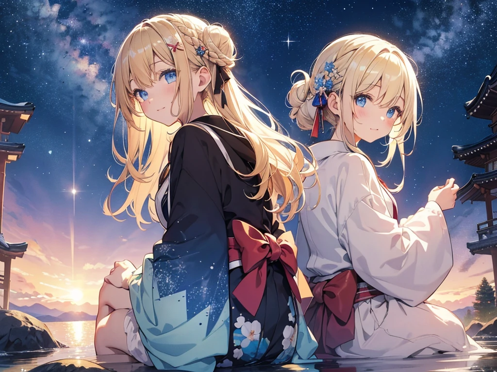 (masterpiece)++,(sweet illustration)+,detailed gradient eyes,outdoors, milky way galaxy, Beautiful scenery, reflection water surface, Moonlight, high resolution, night view,
1girl, sitting, kimono, cape, fluffy beanie, from back, looking at viewer, medium bob, blonde hair, bun_head, shiny wavy hair, blue eyes, light smile, lens flare, petals, Japanies Hairpin, kanzashi, braided bangs, cute, , 14-yo, , shooting star, ancient city,