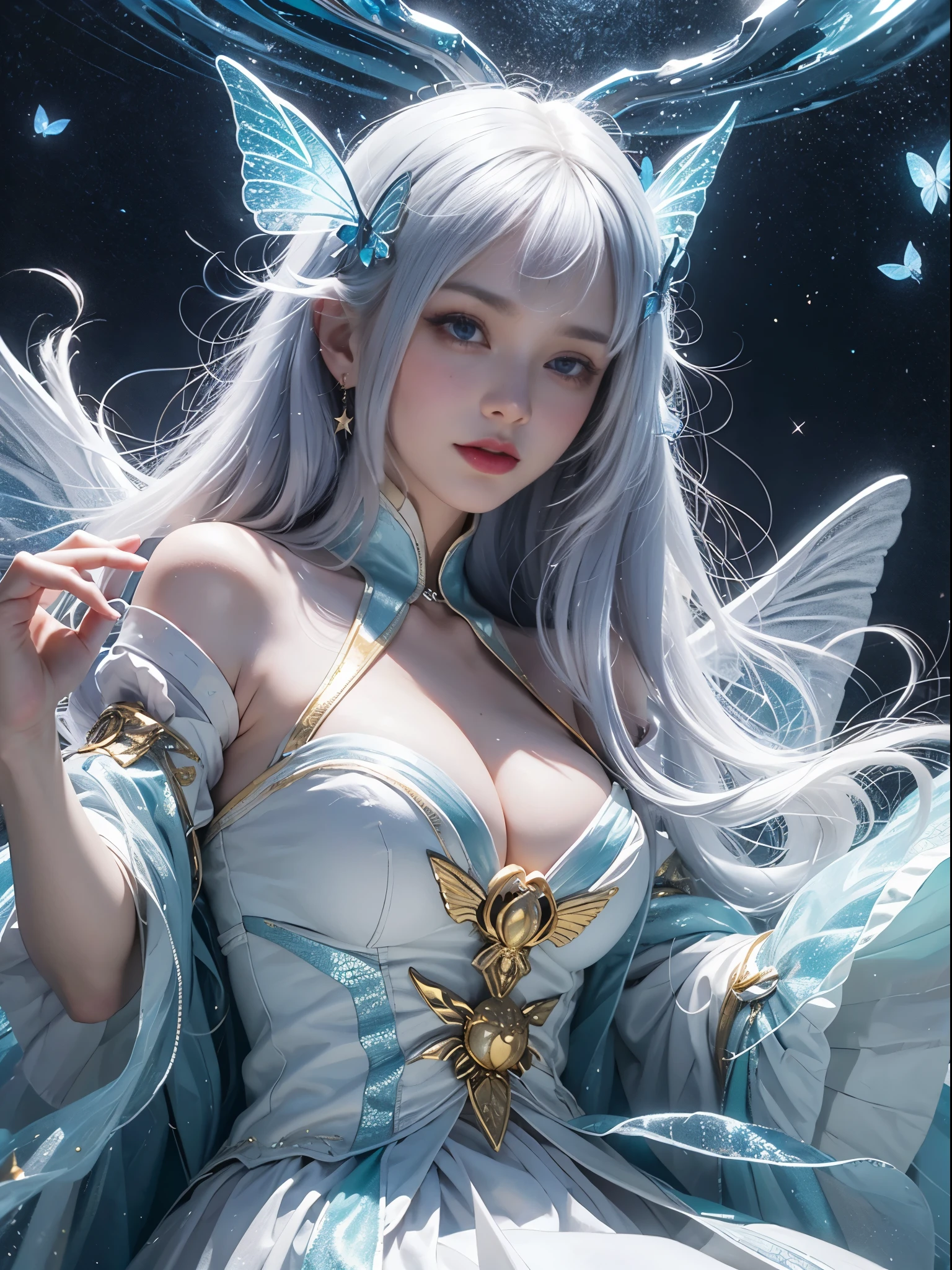 White hair , (((White luminous dress , White giant dress , Dress glitter , dress ))) ,Beautiful dance dynamics , Long legs , small thighs((Huge long white hair,Glowing coat , Long flowing hair))offcial art , Unity8k wallpaper , Ultra detailed , Beautiful and beautiful , Masterpiece , Best quality ,Realistic((Huge long white hair,Glowing coat , ))Masterpiece , Best quality , Ultra-detailed , very detailed illustration ,Extremely detailed , Intricate details , .White luminous dress , White giant dress , Dress sequins , Dress made of aurora , ultra intricately detailed , Very detailed 8KCG wallpaper , Cowboy shot , Caustics .Reflection , Ray tracing , Demon Theme ,Starcloud ,Dark aura, cyber effect , (1girll:1.4)Solo , Little blue butterfly , Surrounded by dozens of monarch butterflies , Huge long white hair shiny quilt hair , (Blue plasma flame , (insect , Butterflies))Long blue crystal dress , There are butterflies on the huge skirt , .Holy Light Butterfly Angel , Butterfly wings , in the style of rococo pastel hues ,Light white and light dark red , unbelievable beautiful , Cherry blossoms , sparkling water reflections , Soyuz , Flowing , Surreal ,Painting , Ethereal , Elsa Bleda , stockphoto, Mixed reality and fantasy elements ,vray tracing , Intricate patterns , delicated lines , made of crystals , Refine your hands ,Refine your hands , Refine your hands, Starry , Colorful , stars , (sharp focus on face) , (foreshortening:1.1 Omitted_above:0.3 , fish eye:1.1)