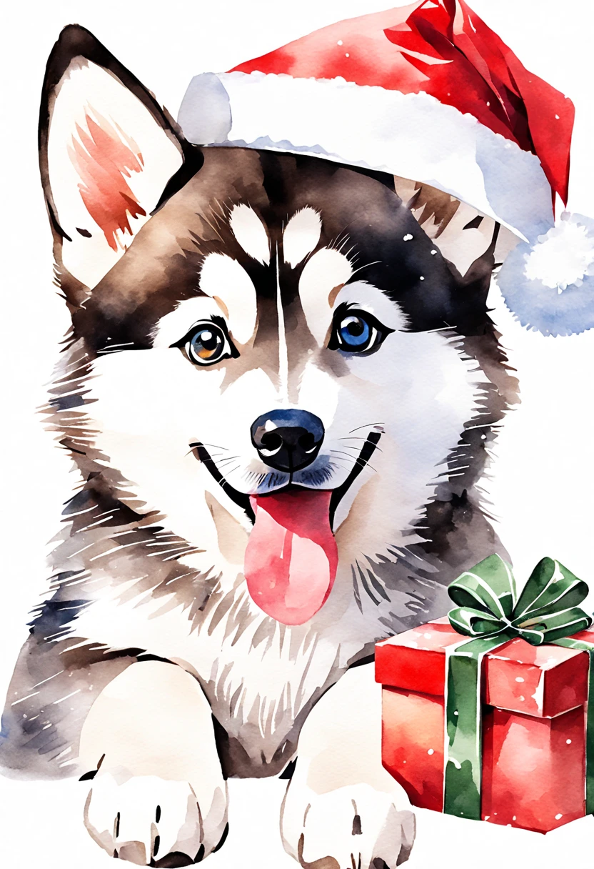 A cute and cute Christmas husky puppy wearing Santa's hat, Bring a gift, aquarelle, watercolor paiting, Highly detailed, clip art, clip art, On a white background, aquarelle, in the view, High quality, photograph realistic, Holiday, festivity, Christmas