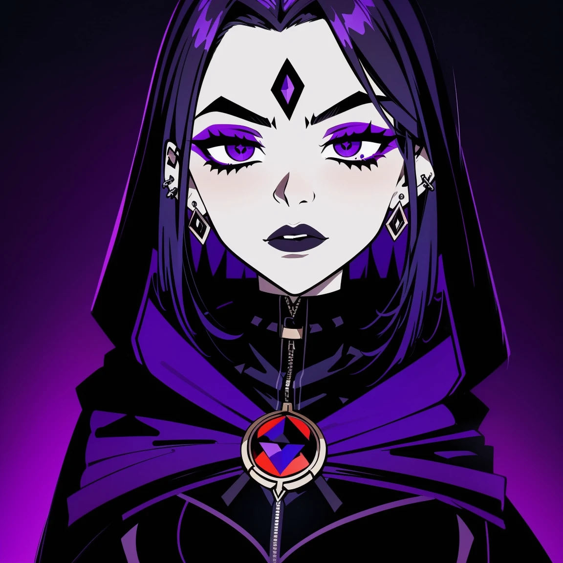 Raven,  titans, hooded, goth girl, autumn forest background, detailed, detailed, detailed, beautiful, detail, goth girl, masterpiece, purple clothes, red jewel centre head, dark night background, gothic, goth, goth, detailed, goth girl, piercings, detailed face, looking viewer, raven, (Dark eye shadow) dark eye shadow, black eye shadow,