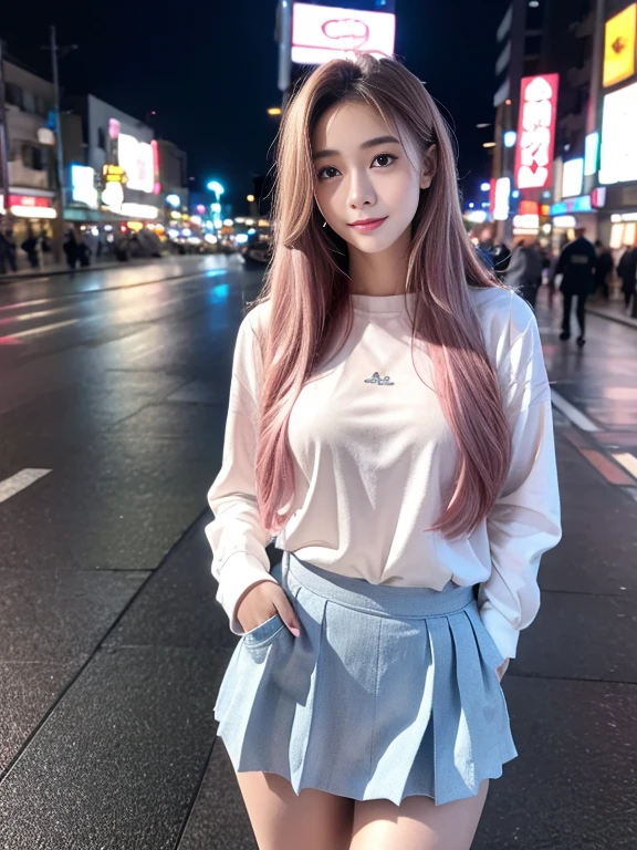 ((masterpiece, high quality, best quality)),Beautiful Thai girl college student,beautiful hair and eyes and face, realistic, ultra detailed, beautiful girl, slender,smile,scenery, long straight hair, sexy facial expression, dynamic hair, long straight hair, detailed platinum pink hair, glow blue eyes, (pink pleated shirts + pink skirt),strolling the streets of Tokyo at night car lights,cap, weak rain, anatomically correct, sharp image