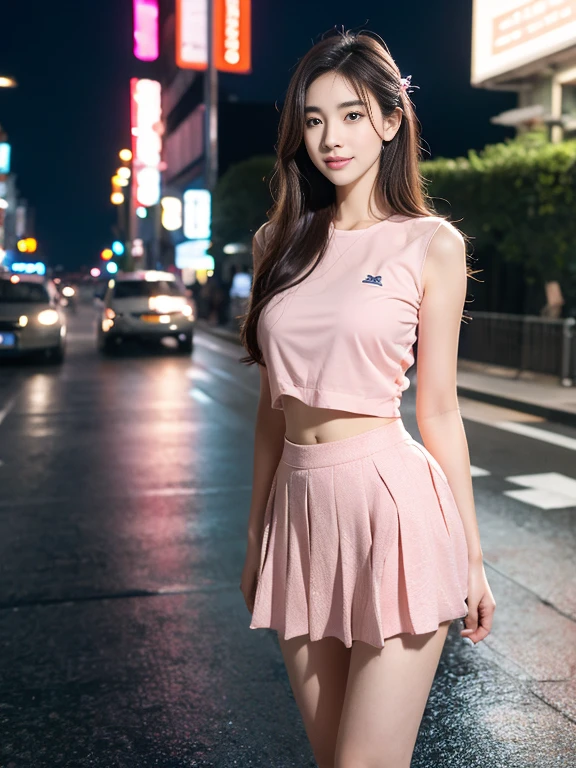 ((masterpiece, high quality, best quality)),Beautiful Thai girl college student,beautiful hair and eyes and face, realistic, ultra detailed, beautiful girl, slender,smile,scenery, long straight hair, sexy facial expression, dynamic hair, long straight hair, detailed platinum pink hair, glow blue eyes, (pink pleated shirts + pink skirt),strolling the streets of Tokyo at night car lights,cap, weak rain, anatomically correct, sharp image