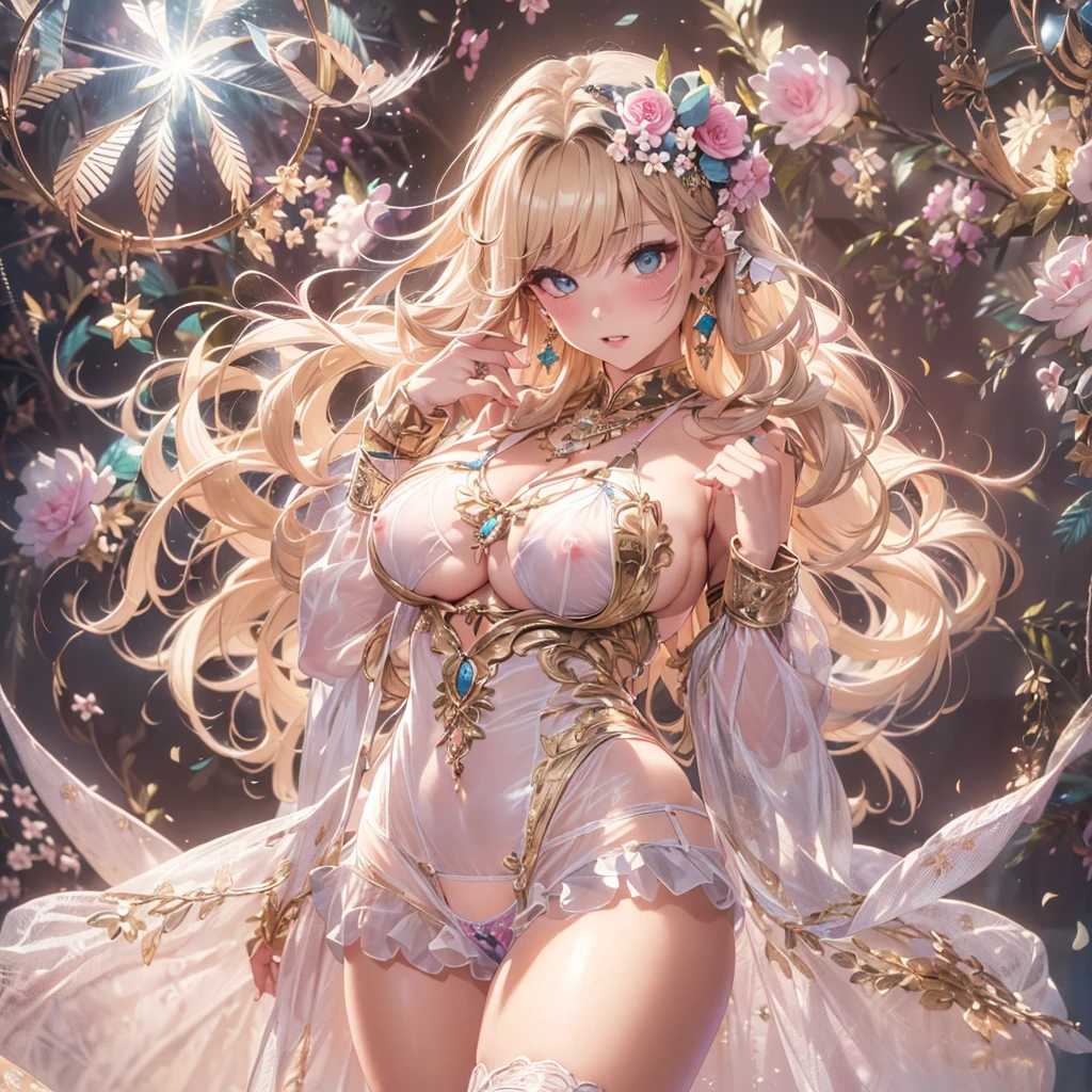 beautiful美しさ, 3D two-dimensional, rich, blonde, skirt, stockings, high heels, poison、star、star、(Highly detailed CG Unity 8K wallpaper),(masterpiece), (最high quality), (Super detailed), (best illustrations),(best shadow), (sharp eyeliner, eye shadow, fine eye:1.1), (超High resolution,realistic,最high quality,realistic),(8K,RAW photo,最high quality,マstarプル),mature woman、sensual curves、huge breasts、thighs、bubble、お尻のmasterpiece, 最high quality, Super detailed, full body shot, mature woman, beautiful mature woman, nightgown and underwear, enchanting smile, thick lips, Chubby lips, blush, looking at the viewer, provocative expression, beautiful髪型, cleavage, Plump、curvy hips、attractive face、sexy lingerie、an inviting gaze、Expression of emotions、Lewd underwear、(((erotic see-through lingerie set)))、Standing position、gorgeous accessories 、big breastsの女性, bare shoulders, golden hair, colored feather, metal ornaments, colored flowers, particle, light, (masterpiece, 最high quality, 最high quality, official art, beautiful and aesthetic:1.2), (1 girl:1.3), very detailed,(fractal art:1.1),(colorful:1.1)、(flowers:1.3),most detailed,(zentangle:1.2), (dynamic pose), (abstract background:1.3), (shiny skin), (lots of colors :1.4), ,(earrings:1.4), (feather:1.4),masterpiece, 最high quality, Super detailed, 30~40 years, full body shot, beautiful 、various hairstyles，gold headband，plump breasts，beautiful butt，greek clothing，Tulle covers the breasts，perfectly proportioned, detailed clothing details,marble，god statue，cinematic lighting, film grain, 8K, masterpiece, Super detailed, high detail, high quality, High resolution,(((NSFW:1.2)))、exposed chest、Openwork decoration，(((see through dress)))、(((解剖学的に正しいbody))) , 最high quality, Super detailed, (((Lewd underwear)))、raise your butt, from below, (((R-18)))、Hakari、thighs, big breasts, Are standing, cowboy shot, blush, (((1 girl))), (masterpiece:1.3), (High resolution), (8K), (very detailed), perfect face, Nice eye and face, (((最high quality))), (Super detailed), detailed face and eye, (alone), High resolution、beautifuleye,(((sexy pose)))、(((整ったbig breasts)))、((beautiful eye))、luxury、(((超High resolution)))、(((detailed description)))、(((ぽっちゃりbody型)))、(((解剖学的構造に一致したbodyの部位)))、beautiful長いまつ毛、バランスのとれたbody型、２book arm、2 feet、Just the right size for your legs and arms、Fishnet tights、glamorous、(((Clear white and black eye)))、lipstick、Sparkling、(Undistorted face, eye, body)、jewelry、gem、(長くカールしたbeautifulまつ毛)、(((バランス良いbeautiful胸)))、(transparent, Exquisite skin:1.2)、(((完璧なglamorousボディー)))
