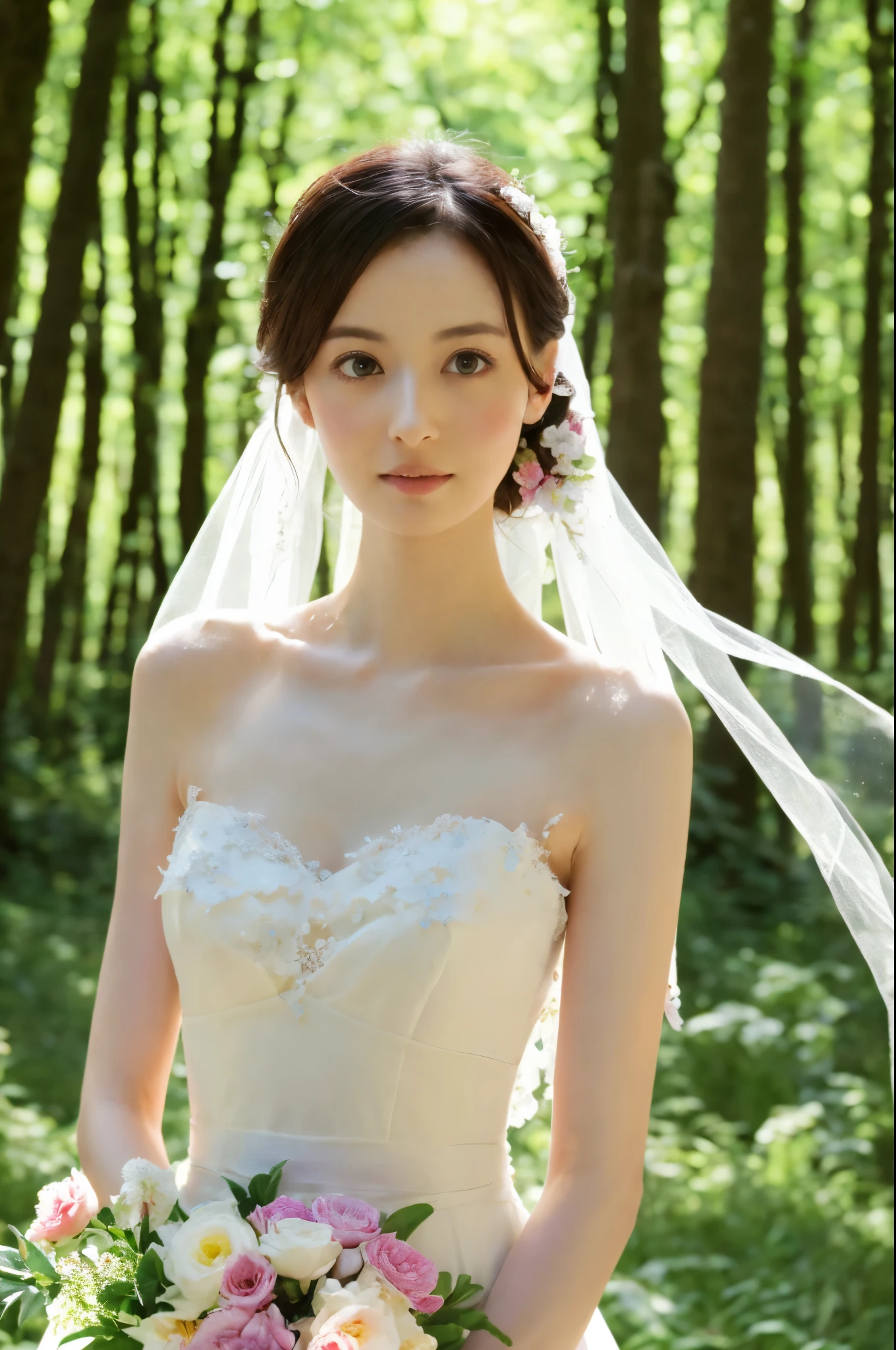 (realistic), (hyperrealism),best quality, masterpiece,ultra high res, (photorealistic:1.4),1girl,pale skin,skinny,(looking at viewer:2), forest, flowers, sunlight, (tattered) wedding dress , bare shoulders, upper body,