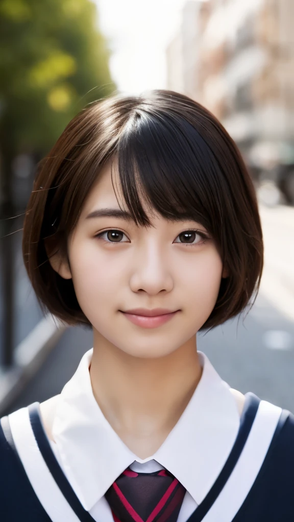 Beautiful Japanese high school student, masterpiece, light makeup, black hair, street background, beautiful, elegant. Super fine details, works, authentic texture, realistic movie lighting, perfect works, 8K, HD, exquisite facial features, uniforms,, plump figure, big bright eyes,