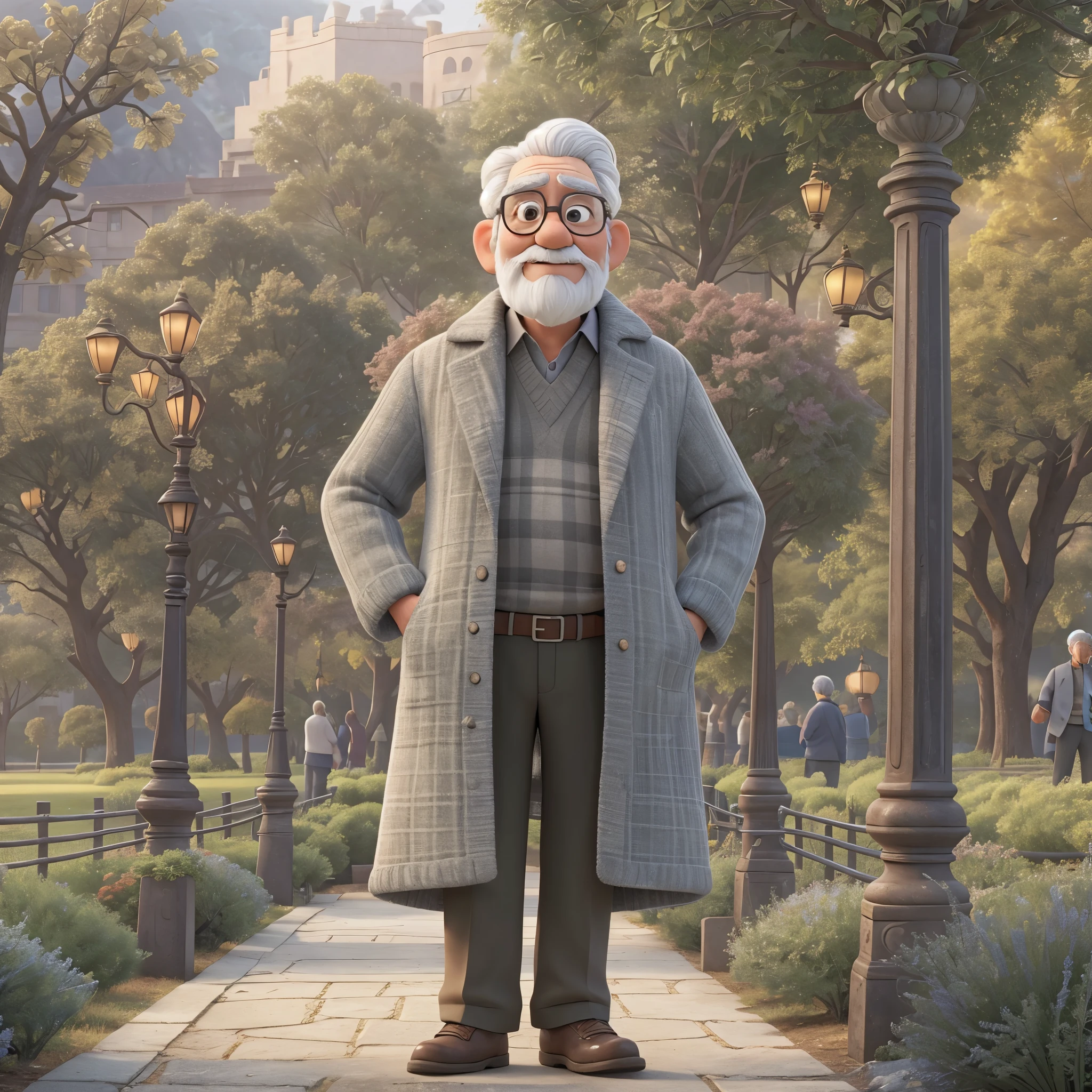 one,Asian elderly(geezer)man,white hair,white beard,wear glasses,Wearing a gray coat,Stand in the park,Pixar style, best quality, stills,