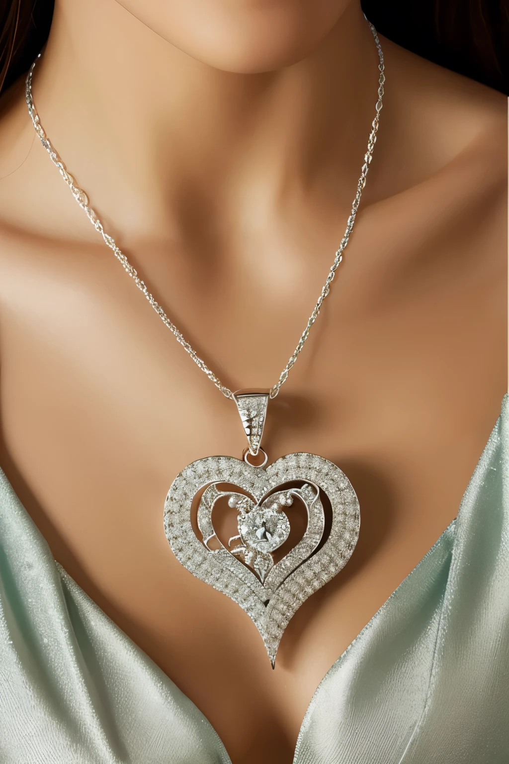 This hand-painted jewelry design showcases a modern minimalist silver necklace, adorned with a heart-shaped pendant featuring a stunning inlaid artwork of a diamond. Inspired by love, this intricate piece harmoniously blends Chinese elements with contemporary fashion, embodying the perfect fusion of culture and style. The heart-shaped center gleams with romantic emotions, meticulously carved and enhanced by the exquisite craftsmanship and brilliance of the diamond. The pendant's elegant design radiates an ethereal, eye-catching luster, symbolizing the captivating allure of love. Each detail in this enchanting artwork is artistically rendered, evoking an aura of