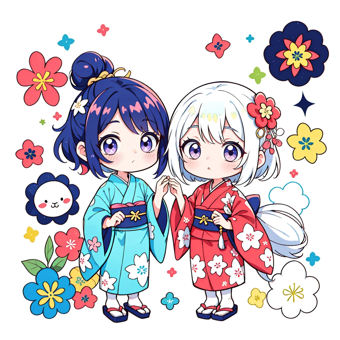 um adesivo, 20 meninas fofas, fundo simples, colorful backdrop, olhando para baixo, olhando para baixo、tinta pingando、obra-prima、Coberto com tinta、quimono、kimono japanese
