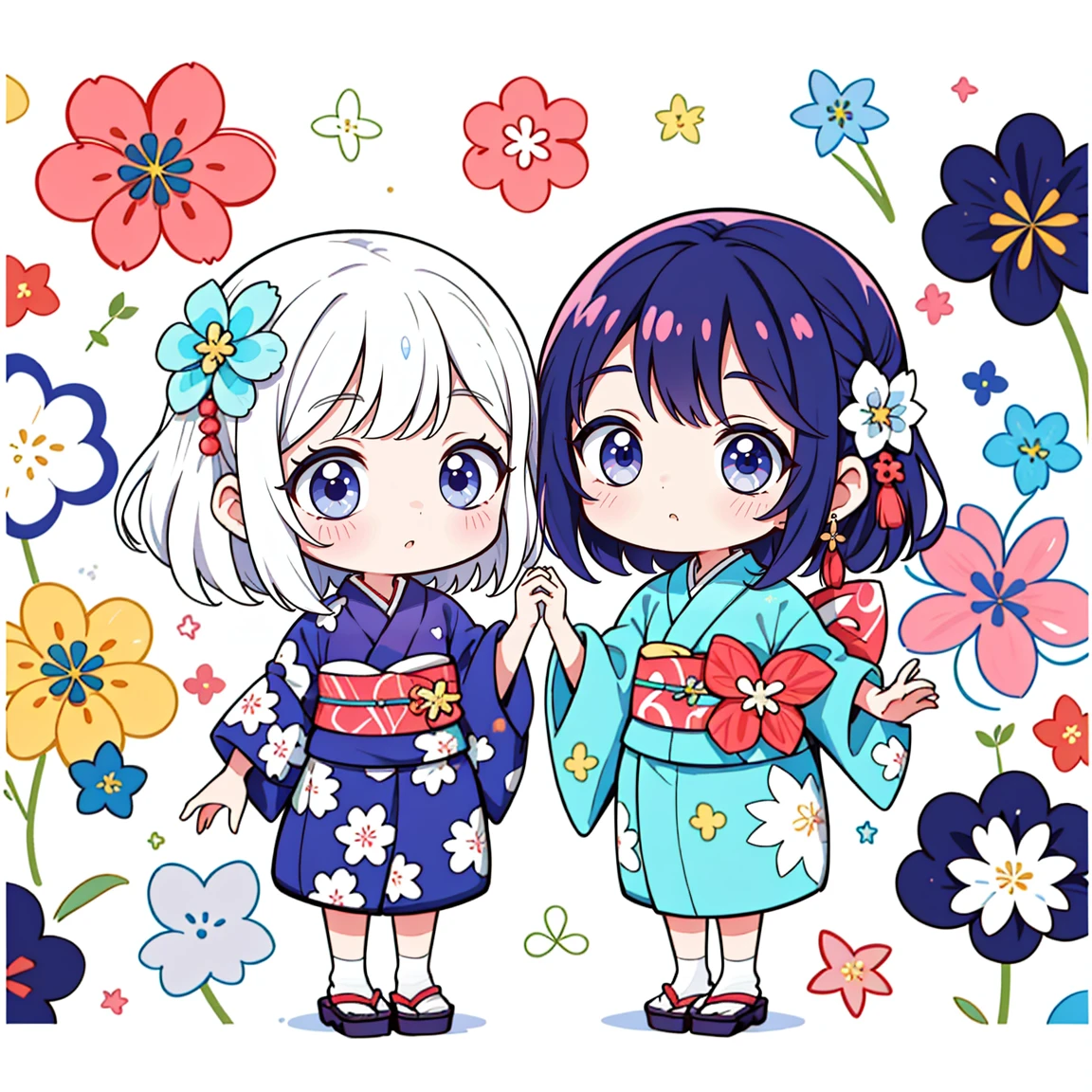 um adesivo, 20 meninas fofas, fundo simples, colorful backdrop, olhando para baixo, olhando para baixo、tinta pingando、obra-prima、Coberto com tinta、quimono、kimono japanese