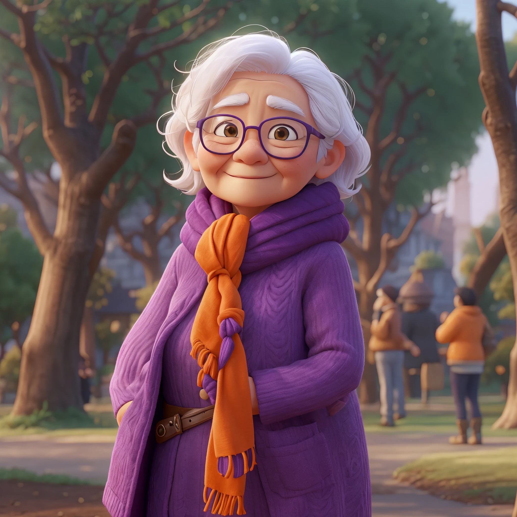 one，Asian old woman，white hair，wear glasses，Wearing an orange scarf，Wearing a purple coat，Stand in the park，Pixar style, best quality, stills, 