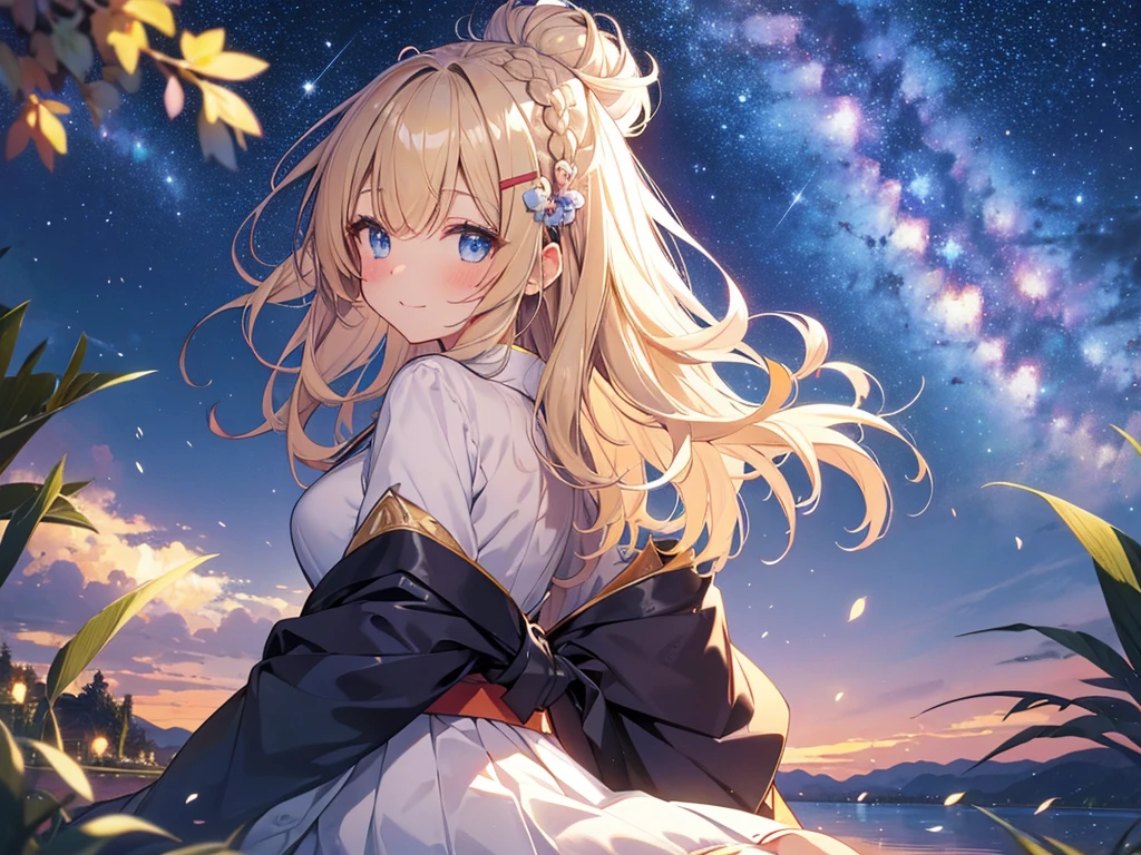 (masterpiece)++,(sweet illustration)+,detailed gradient eyes,outdoors, milky way galaxy, Beautiful scenery, reflection water surface, Moonlight, high resolution, night view,
1girl, sitting, kimono, cape, fluffy beanie, from back, looking at viewer, medium bob, blonde hair, bun_head, shiny wavy hair, blue eyes, light smile, lens flare, petals, Japanies Hairpin, kanzashi, braided bangs, cute, , 14-yo, , shooting star, ancient city,