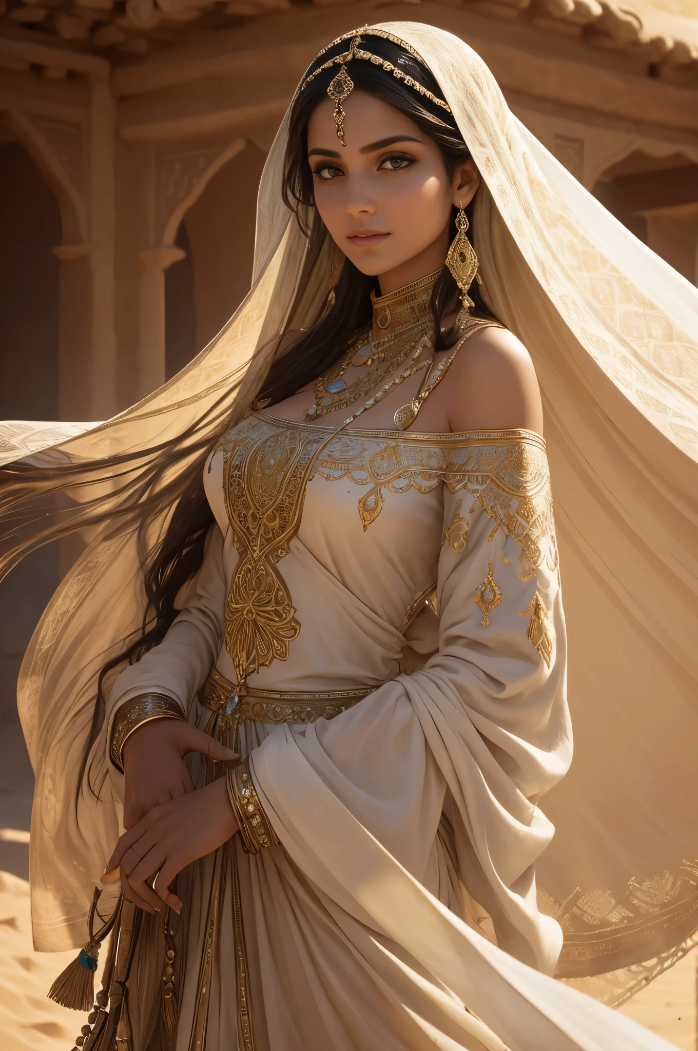 Elegant and charming image, Powerful and mysterious Arab woman, Her flowing hair fluttered in the flowing desert breeze. She wields a gorgeous bow, Decorated with intricate decorations and ornate designs. sunrays casting long shadows, Highlight the delicate beauty of women，Evoke a sense of mystery and connection. The shallow depth of field isolates women from the desert environment, Emphasize the strong connection between the two. Shallow depth of field, Soft lighting, portrait lens