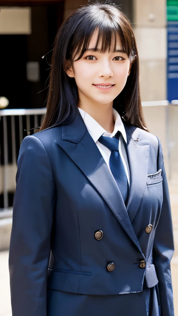 Beautiful Japanese high school student, masterpiece, light makeup, black hair, street background, beautiful, elegant.  Super fine details, works, authentic texture, realistic movie lighting, perfect works, 8K, HD, exquisite facial features, uniforms,, plump figure, big bright eyes,