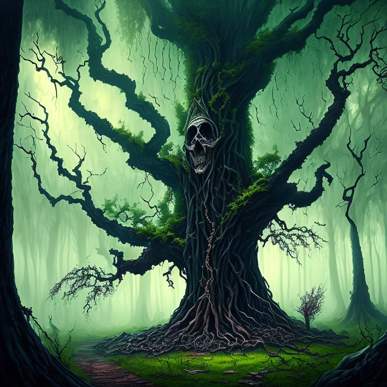 focus on an adorable, cute hidden creature in the tree roots, lonely aging tree in the dead forest, black birds flock, In the style of zdzislaw beksinski, by Alexander Jansson, by Max Weber formal decorated ornate, intricately detailed, minute lines, insane details