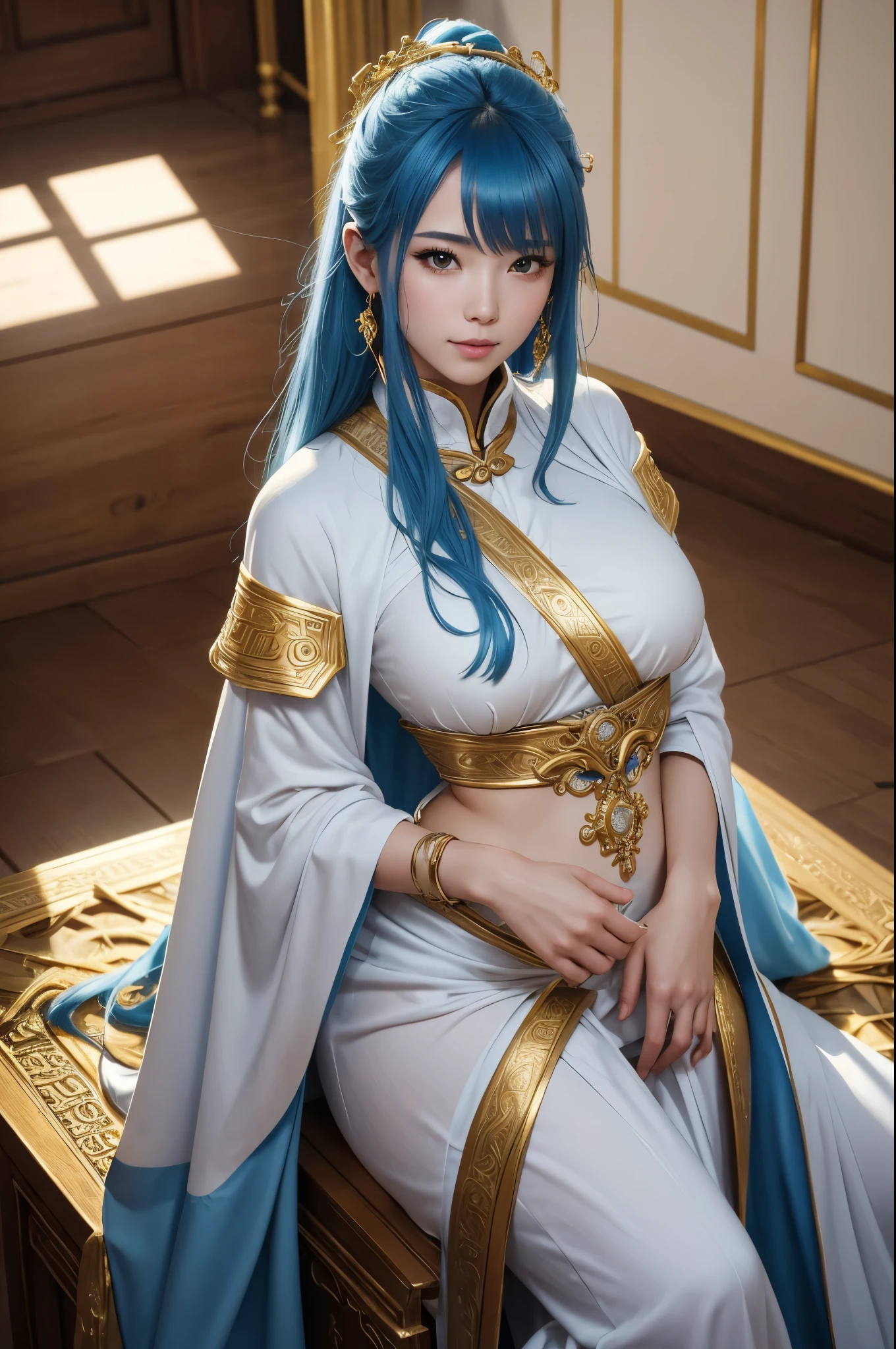 8K、Photorealistic RAW photos of the highest quality。1.4)(大peopleの女性<>people) 超美people(lifelike face) Mature goddess with blue mohawk、ethereal、welcome、big and full breasts、Bright colors、青と白のsexyな女神コスチューム,white greek peplos、perfect woman image、laughter、Trending at Art Station、masterpiece、8K resolution、fantasy art、Super high resolution,skin that looks real,golden decoration,golden eyes,Mr.々pose,Charm,sexy,rich colors, Backlight, cinematic lighting, film grain, born, 50mm lens, Nikon D850,realistic skin,beautiful blue hair,青と白のsexyな衣装,perspective from above,