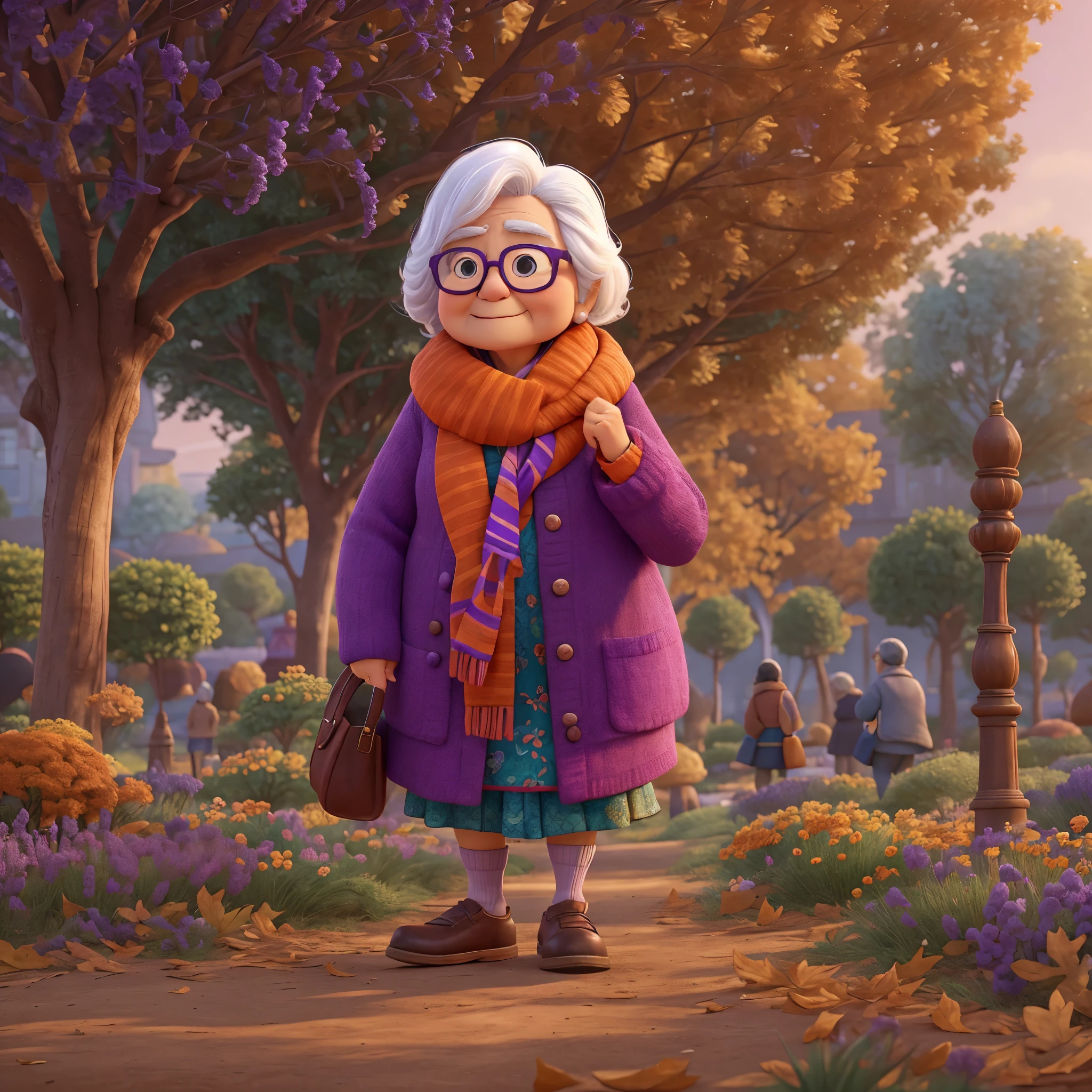 one，Asian old woman，white hair，wear glasses，Wearing an orange scarf，Wearing a purple coat，Stand in the park，Pixar style, best quality, stills, 