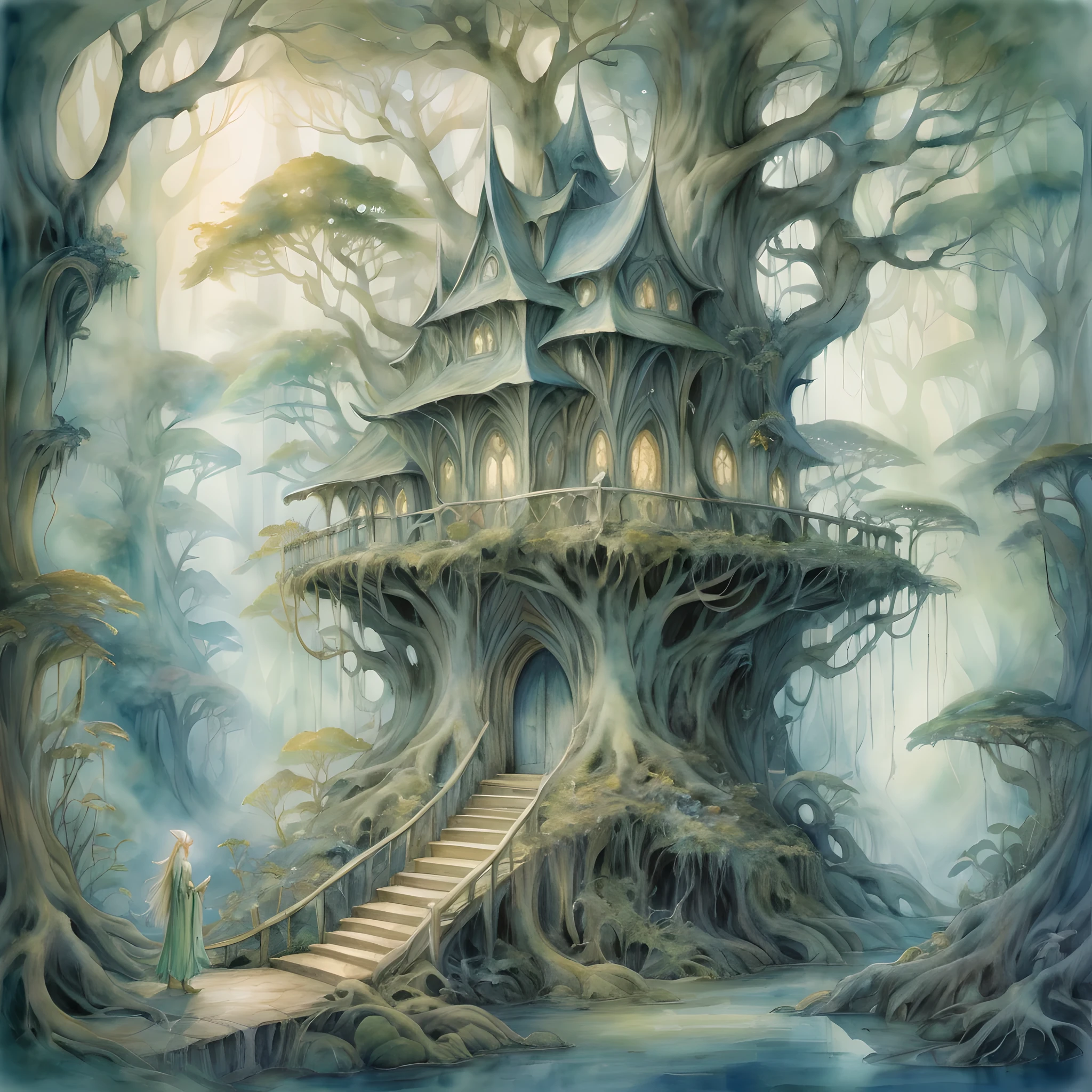 Elven Forest Haven, where slender, silver-haired elves engage in enchanting activities among towering, luminescent trees. Painted in a Watercolor style inspired by the dreamlike works of Brian Froud and Alan Lee, featuring soft color transitions and intricate detailing reminiscent of classic fantasy art.