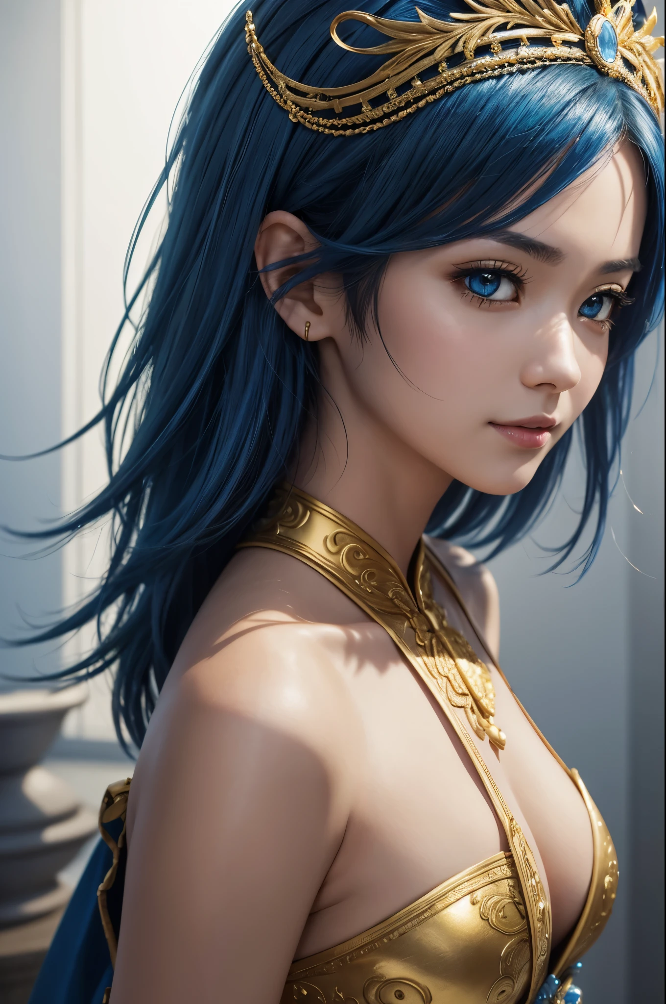 8K、Photorealistic RAW photos of the highest quality。1.4)(大peopleの女性<>people) 超美people(lifelike face) Mature goddess with blue mohawk、ethereal、welcome、big and full breasts、Bright colors、青と白のsexyな女神コスチューム,white greek peplos、perfect woman image、laughter、Trending at Art Station、masterpiece、8K resolution、fantasy art、Super high resolution,skin that looks real,golden decoration,golden eyes,Mr.々pose,Charm,sexy,rich colors, Backlight, cinematic lighting, film grain, born, 50mm lens, Nikon D850,realistic skin,beautiful blue short hair,青と白のsexyな衣装,perspective from above,