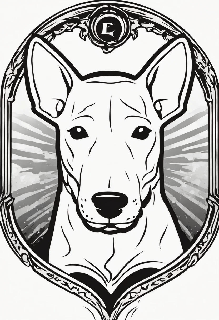 Nursery emblem : Elfspell title with a classic bull terrier head in profile outline  . Round shape . Color black and white.