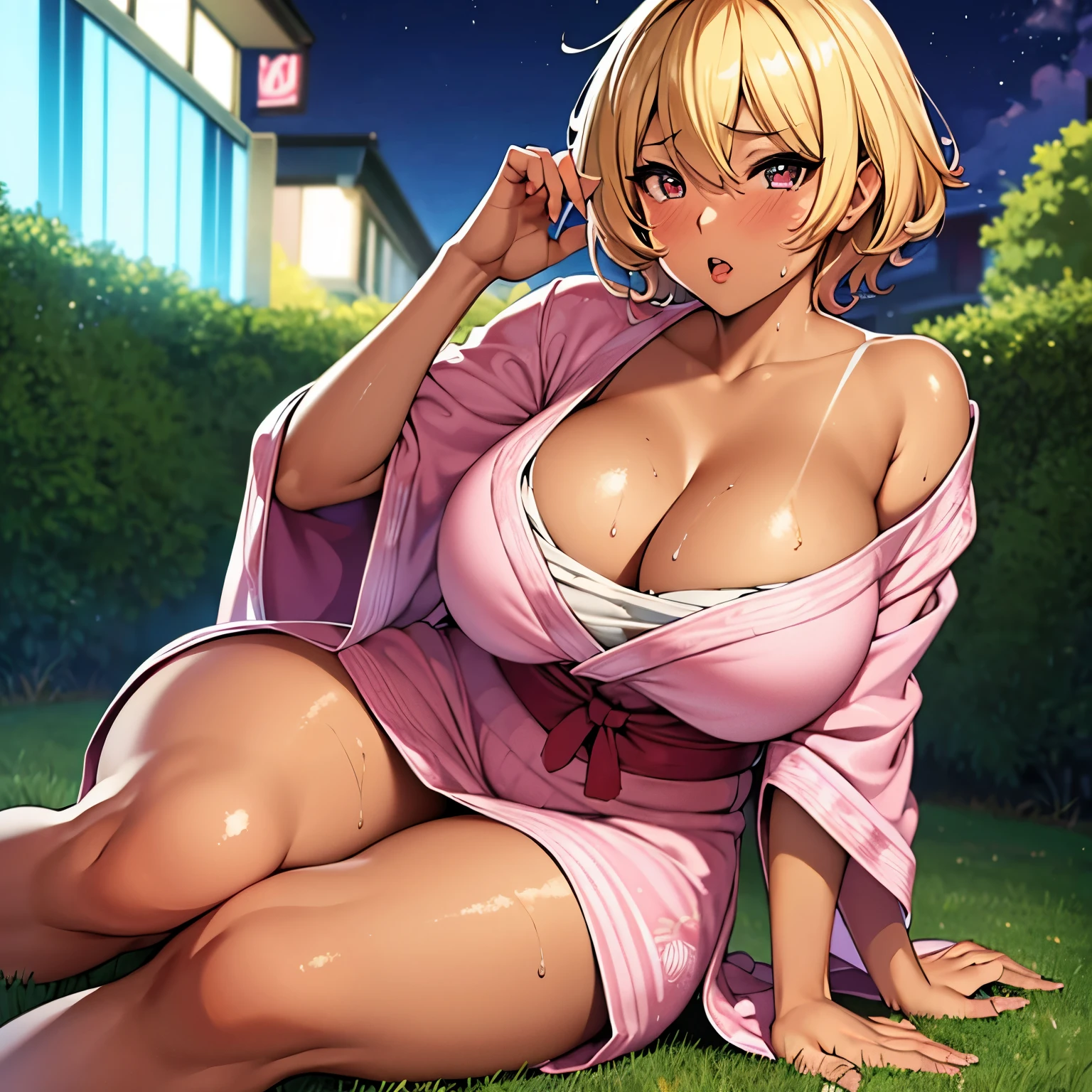 [ 4k digital art ]!!!,seductive anime girl,realistic anime render,hyper realistic girl,curvy girl,(tanned skin:1.2),gyaru,red lips,(pink yukata),blonde short hair,cleavage,sitting on grass,at night,outdoor,(sweaty),