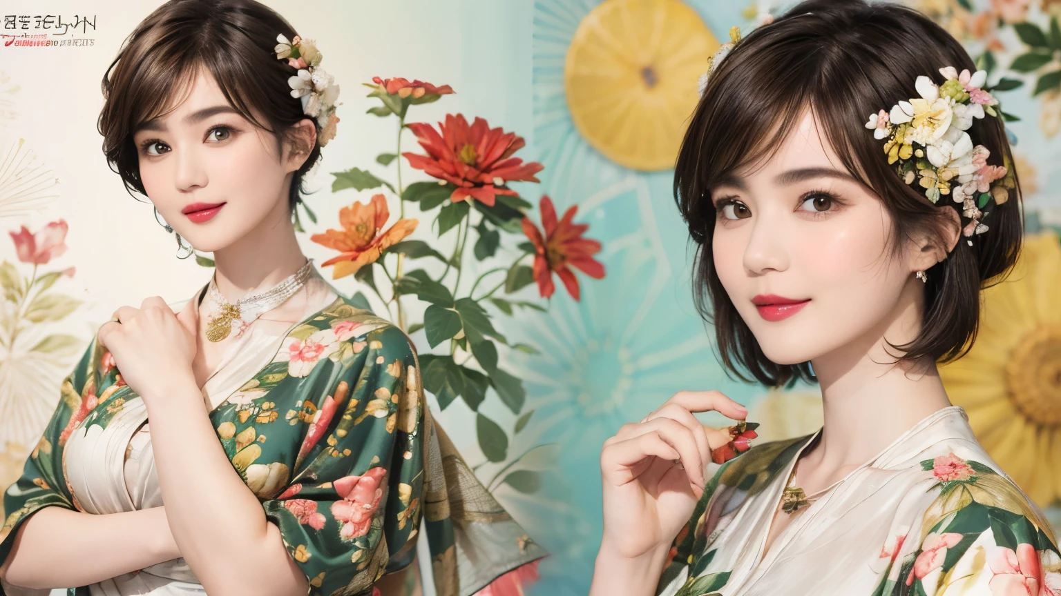 149
(20 year old woman,floral print outfit,pants), (Super realistic), (high resolution), ((beautiful hairstyle 46)), ((short hair:1.46)), (gentle smile), (brest:1.1), (lipstick)