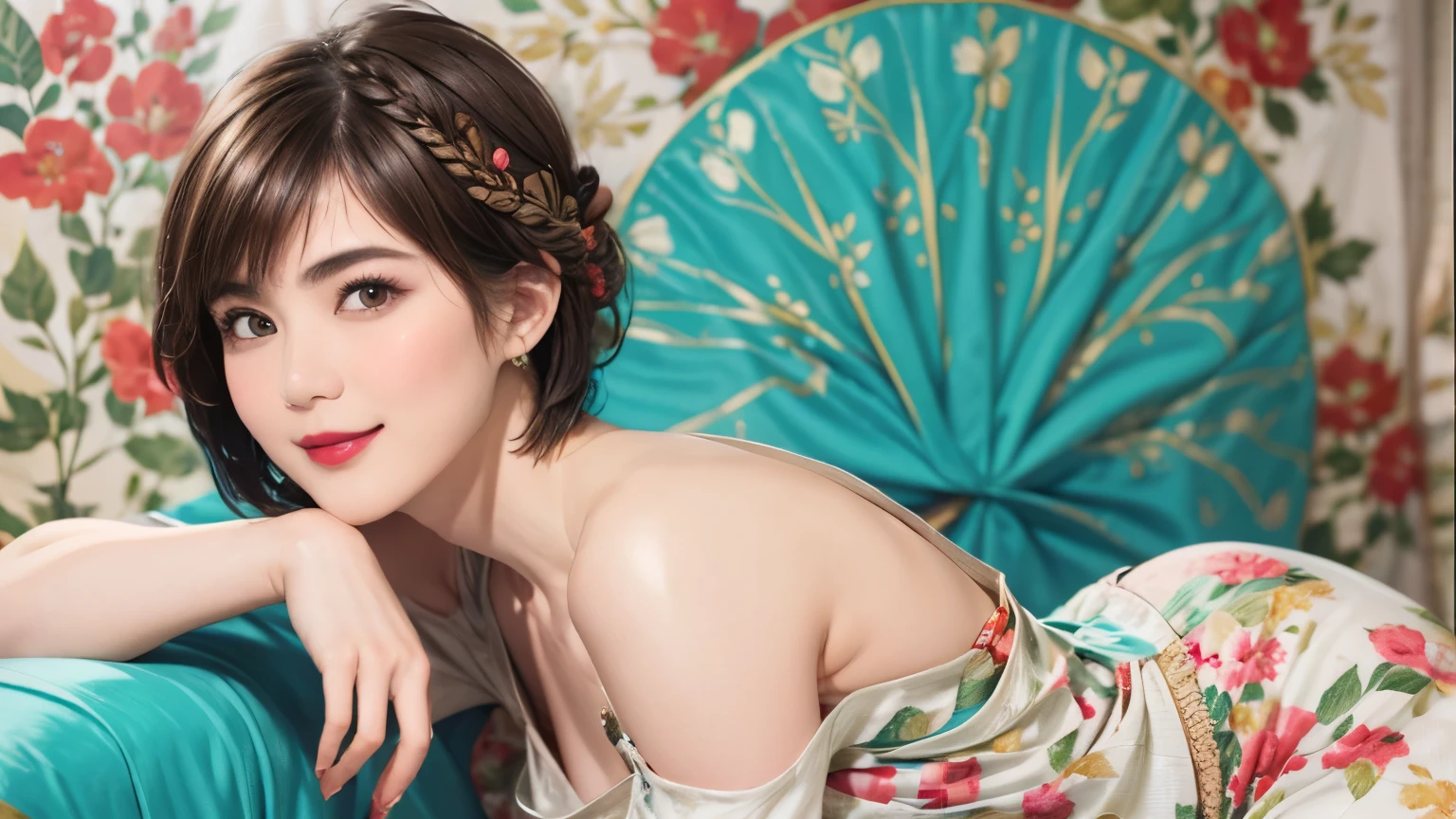 149
(20 year old woman,floral print outfit,pants), (Super realistic), (high resolution), ((beautiful hairstyle 46)), ((short hair:1.46)), (gentle smile), (brest:1.1), (lipstick)