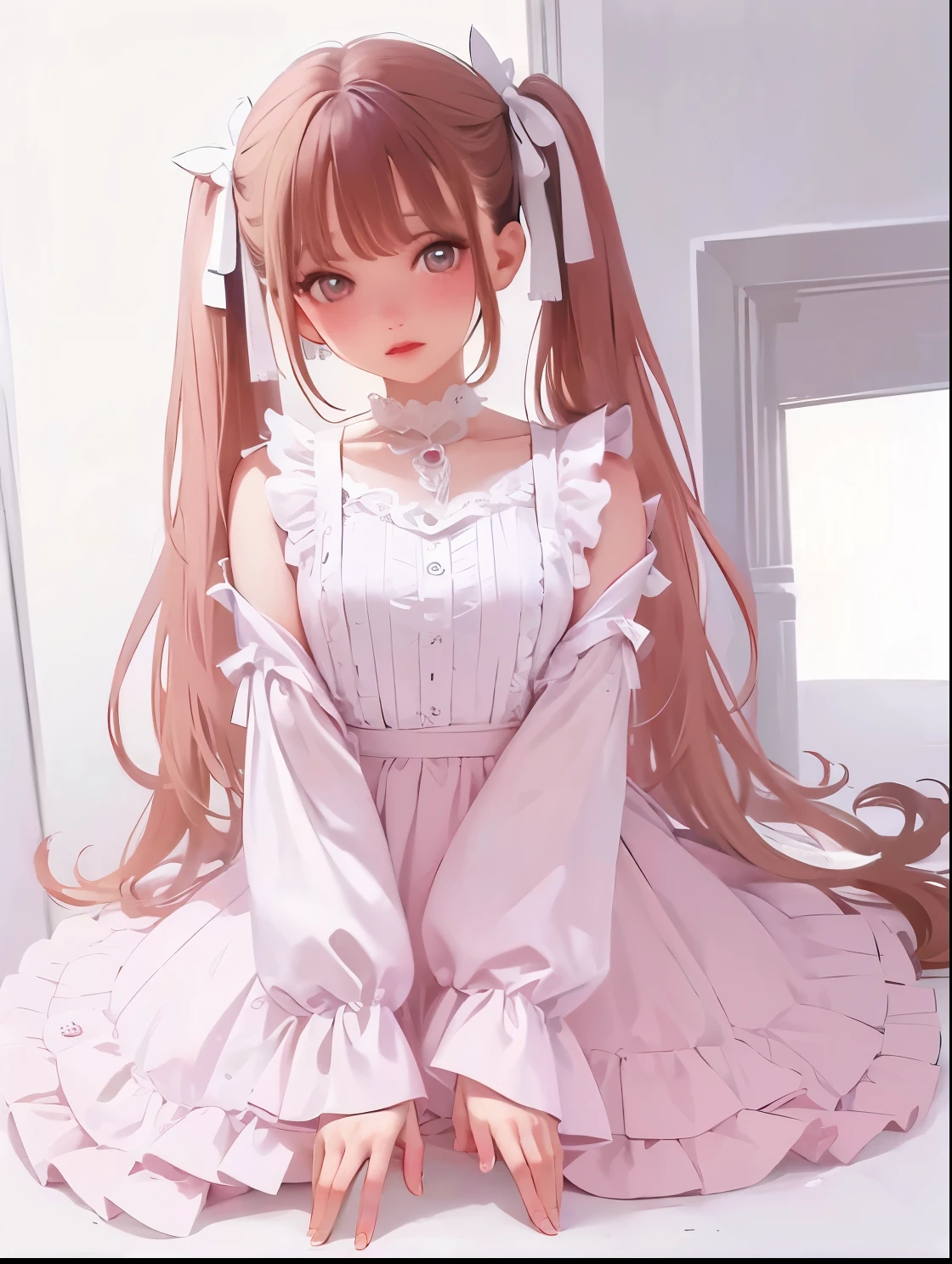 highest quality、An illustration、Two dimensions、1 girl、beautiful face、cute、white background、beige hair、half twin tail、thin white ribbon on head、white blouse、skirt、white skin、princess cut、pink cheeks、Small lips、Pink lips、tear bag、from far away