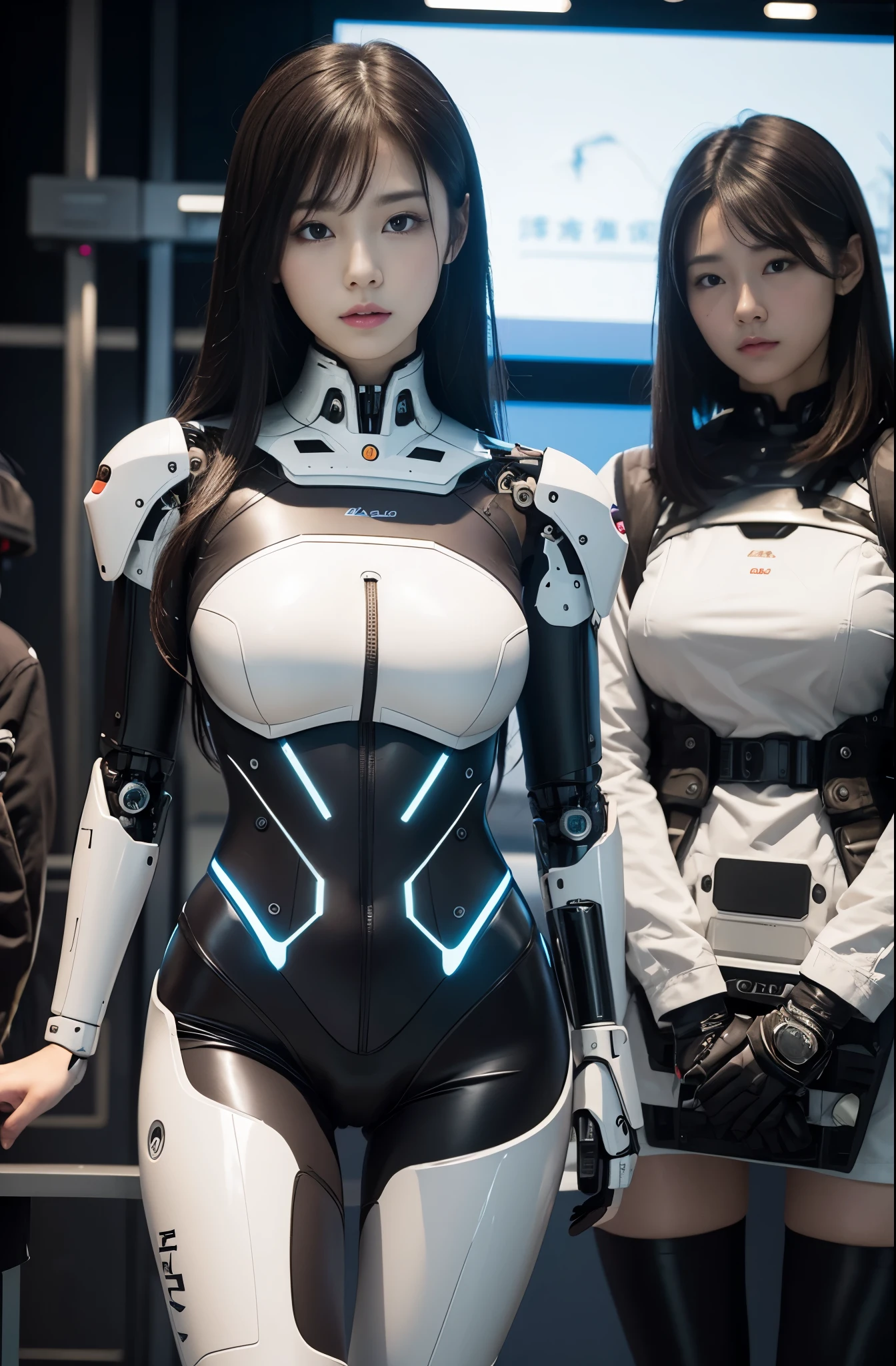 masterpiece, best quality,Japaese Cyborg Girl,Plump , announcer,control panels,android,Droid,Mechanical Hand, ,clothes with a sense of mechanical technology, Robot arms and legs, Black Robot Parts,Black hair,Mechanical body,Blunt bangs,White abdomen,White robotics parts,tube dress,perfect robot woman,perfect android woman, perfect mechanical woman,future laboratory,android factory,cyborg factory,robot factory,cyber pank,charging spot,long tube,thick cable connected her neck,bowing,maintainance her,repaired her,full eyes,dark black tights,a bit chubby