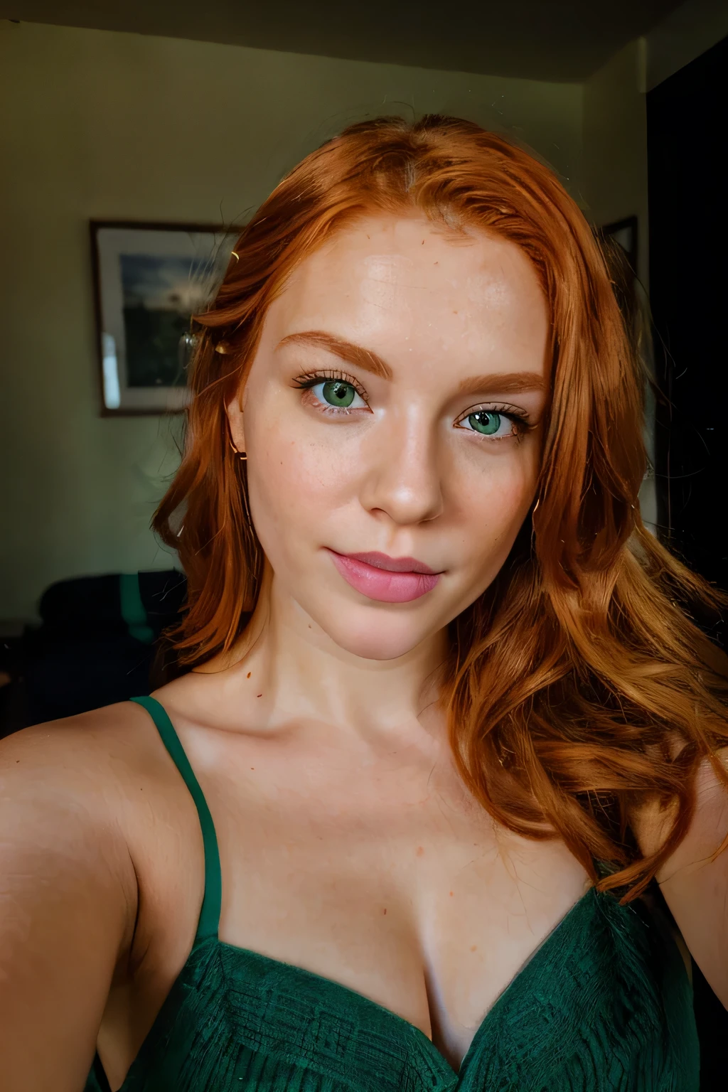 (Selfie, Plan: 1.4) RAW photo, portrait photo, a close up portrait of a stunning ginger woman, green eyes, pretty, facing the camera, 8k uhd, dslr, soft lighting, high quality, film grain, Fujifilm XT3