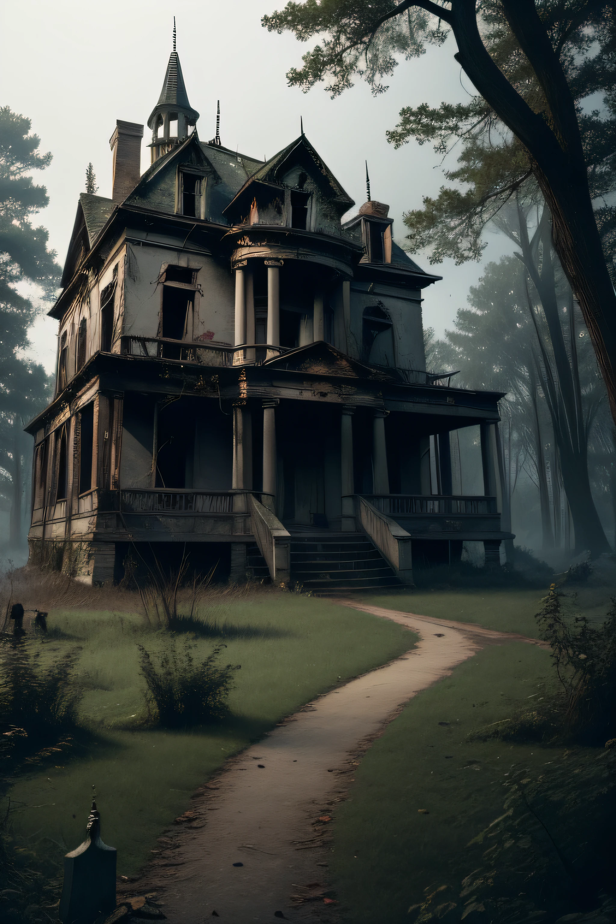 ((Abandoned haunted mansion)), em uma colina cercada por floresta densa e ustadora escura, many dead trees, gnarled grass and shrubs;, Detritos florestais e serrapilheira, Strange mist, caminho sinuoso perto de uma lagoa, a grave tombstone in the foreground