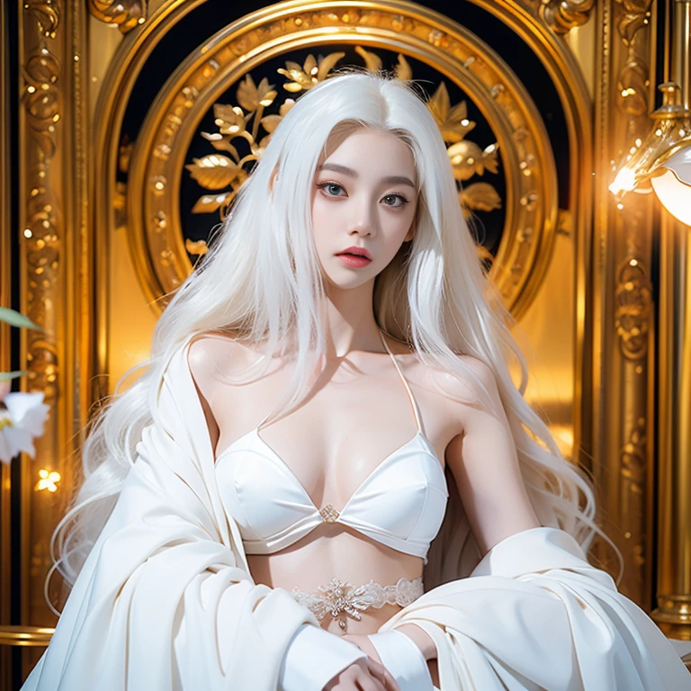 masterpiece, best quality, (alone focus), (perfect face:1.1), (high detail:1.1),dramatic, 1 person, (pale skin), long white hair, white eyes, [Light eyebrows], alone, Venetian mask, white luxury suit, cover navel, Pouting, cover, ball room, Detailed background, Artwork by artgerm and greg rutkowski,  Cinema lighting, Rose