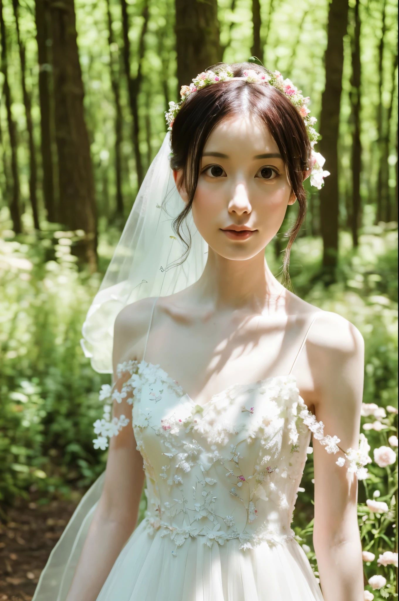 (realistic), (hyperrealism),best quality, masterpiece,ultra high res, (photorealistic:1.4),1girl,pale skin,skinny,(looking at viewer:2), forest, flowers, sunlight, (tattered) wedding dress , bare shoulders, upper body,