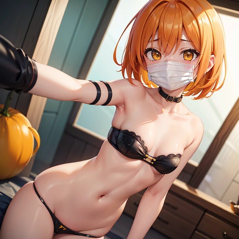 1girl solo hoshizora rin orange hair yellow eyes short hair,selfie,nsfw,bare breasts,八重歯,笑顔,mouth mask