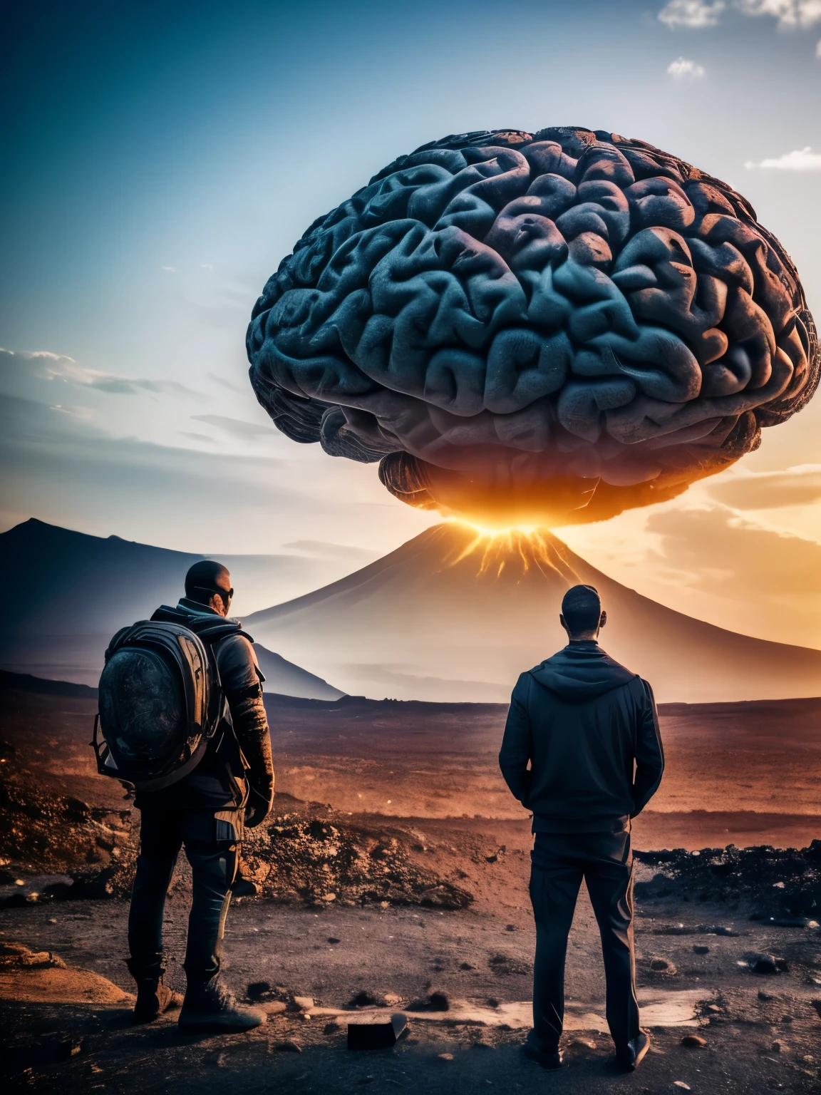 man staring at a large brain in wasteland, volcano, back shot, ultrarealistic, dystopian